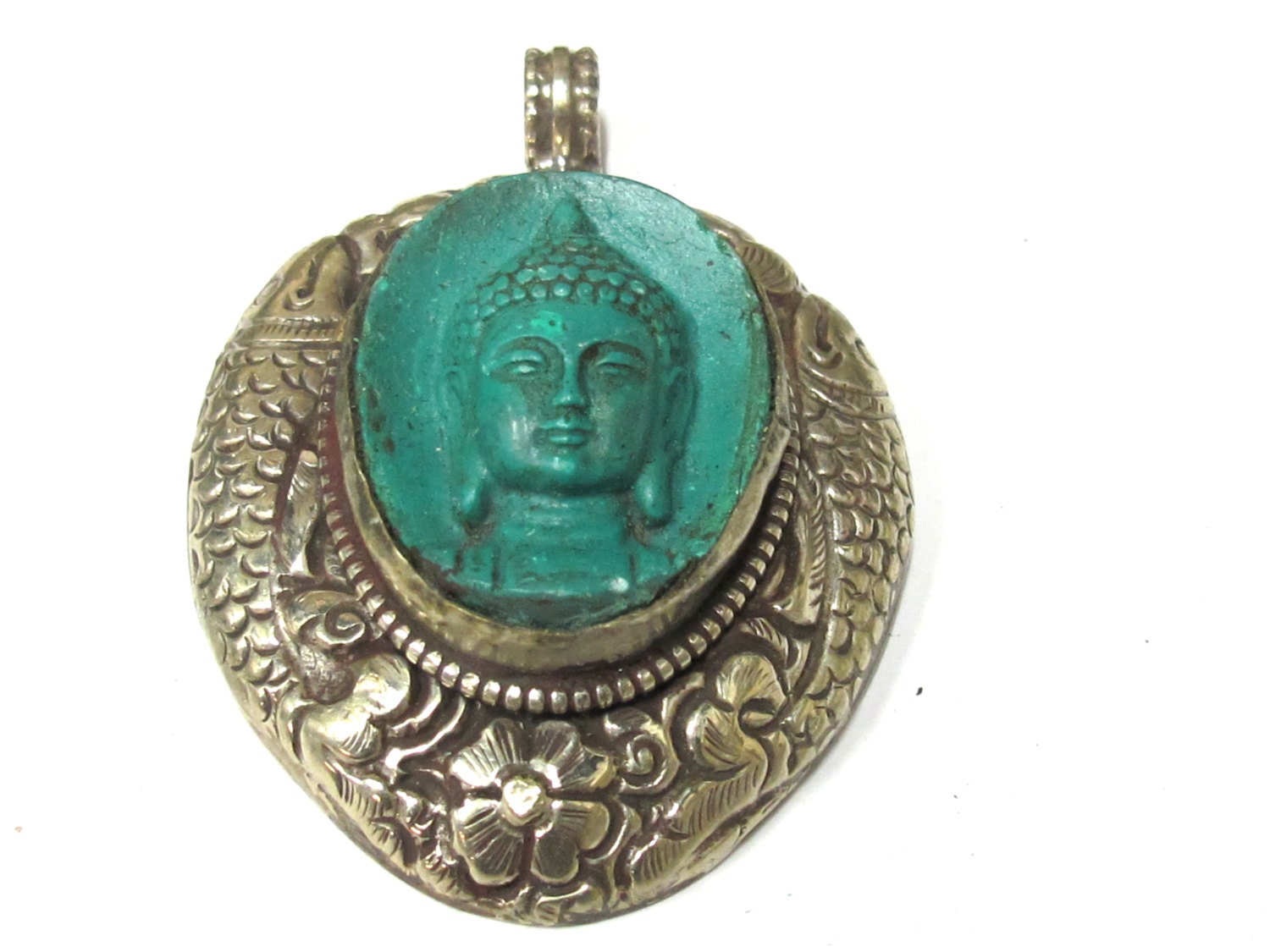 Tibetan silver Green Buddha pendant with double fish symbol - PM272AA