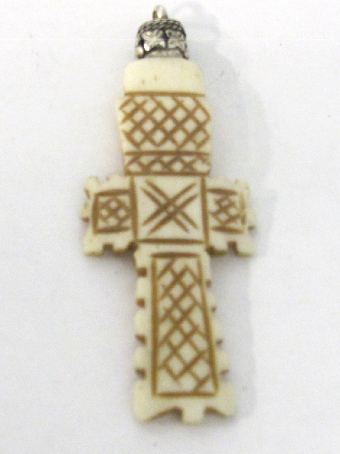 1 Pendant - Long Carved Tibetan cream color bone Cross pendant from Nepal - PB105