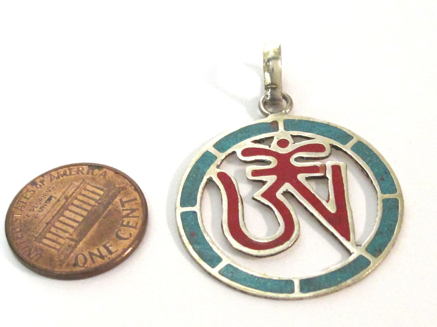 1 pendant - Tibetan Om Round shape with turquoise coral inlay - PM540C