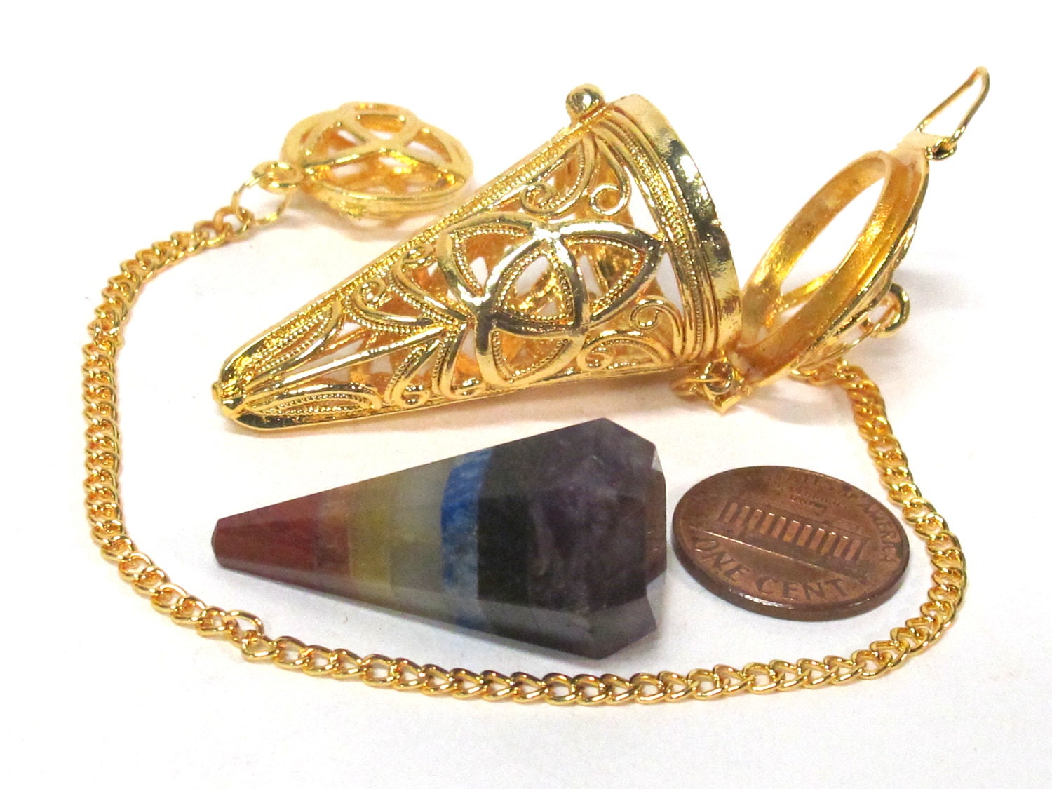1 pendant - Tibetan gold color plated cage pendulum pendant with pyramid cone shape hex cut chakra stone- PM556