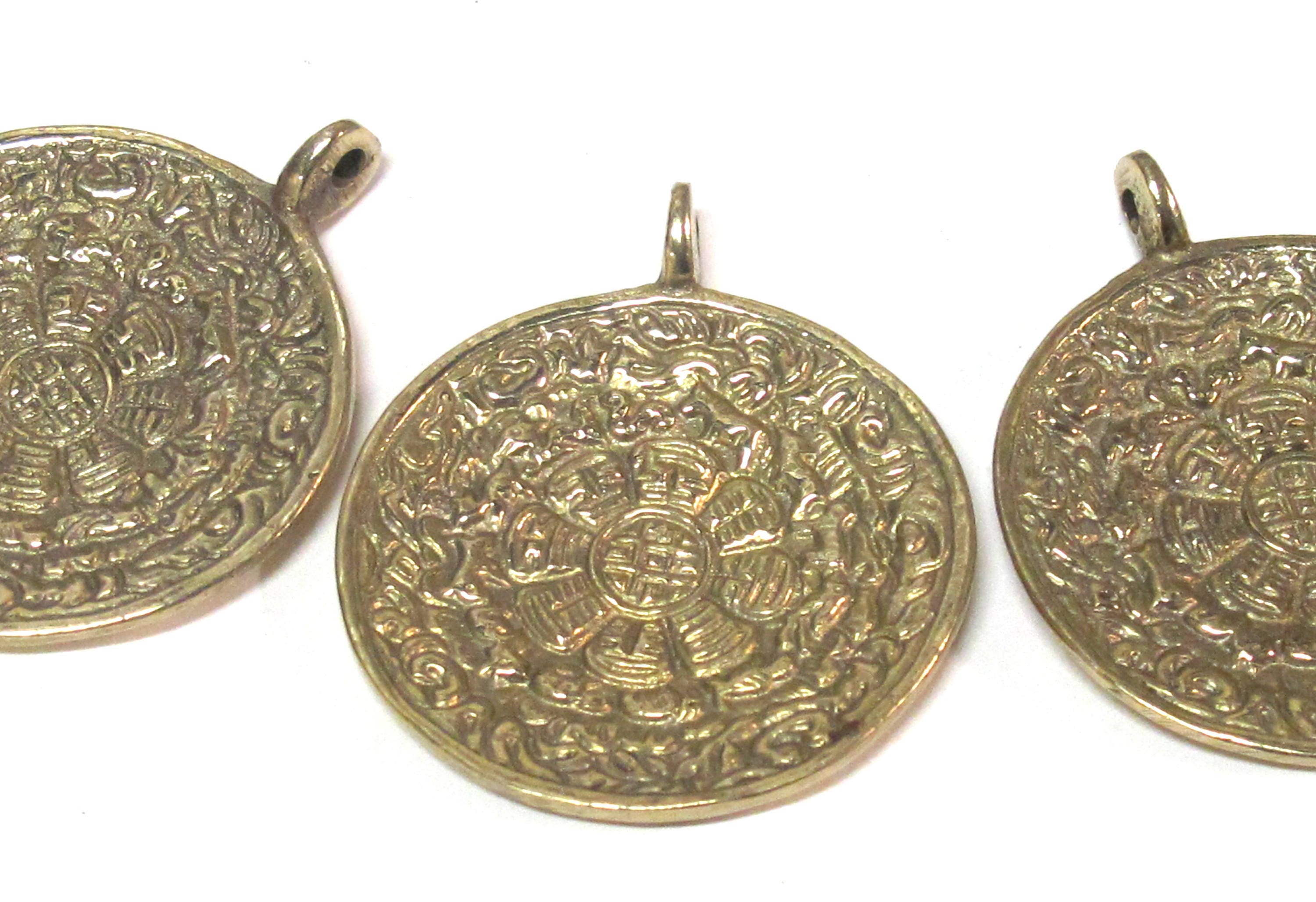 Tibetan ethnic timeline wheel calendar melong solid Brass pendant 50 mm height x 43 mm wide - CP124 custom design copyright Nepalbeadshop