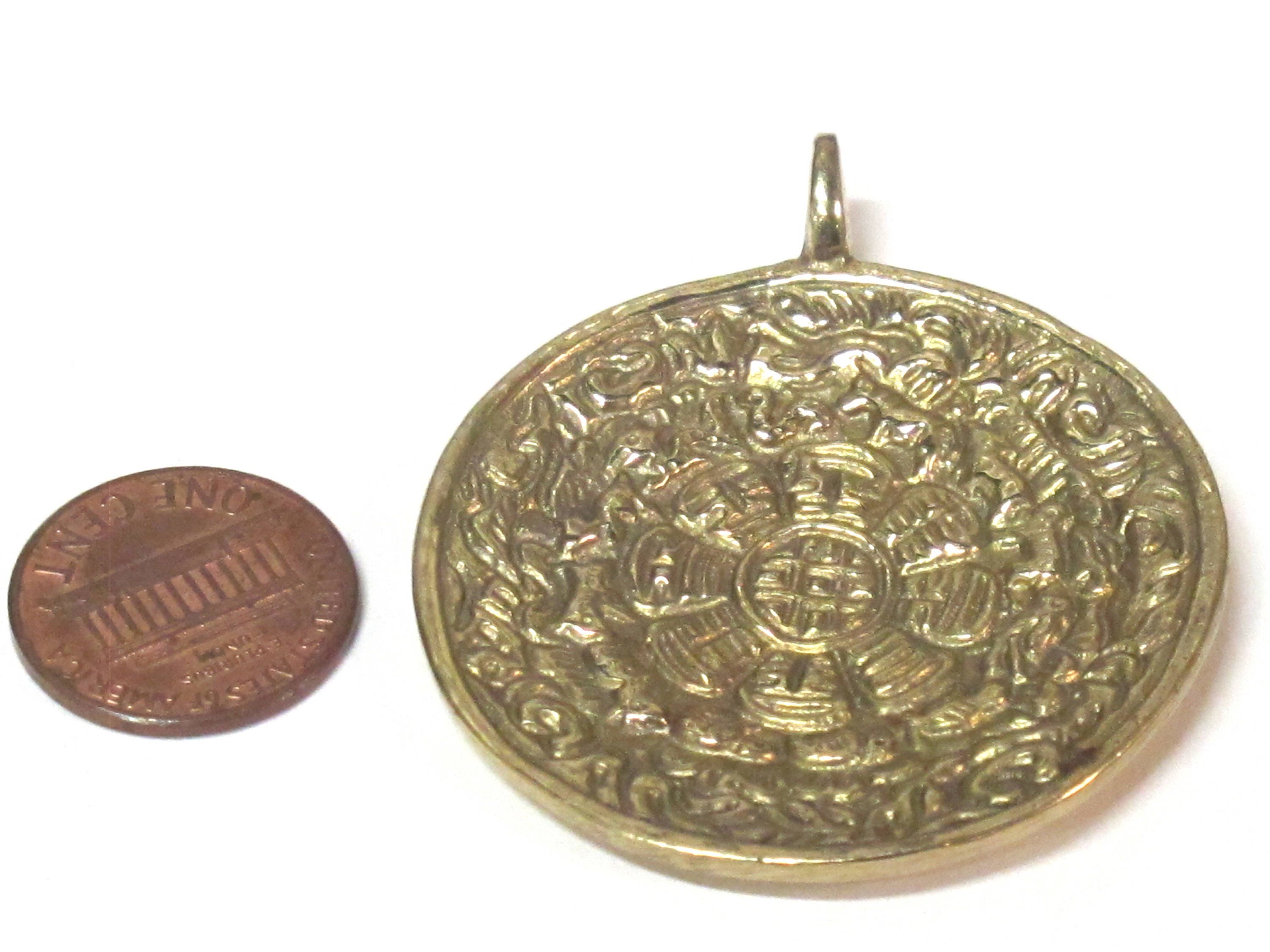 Tibetan ethnic timeline wheel calendar melong solid Brass pendant 50 mm height x 43 mm wide - CP124 custom design copyright Nepalbeadshop