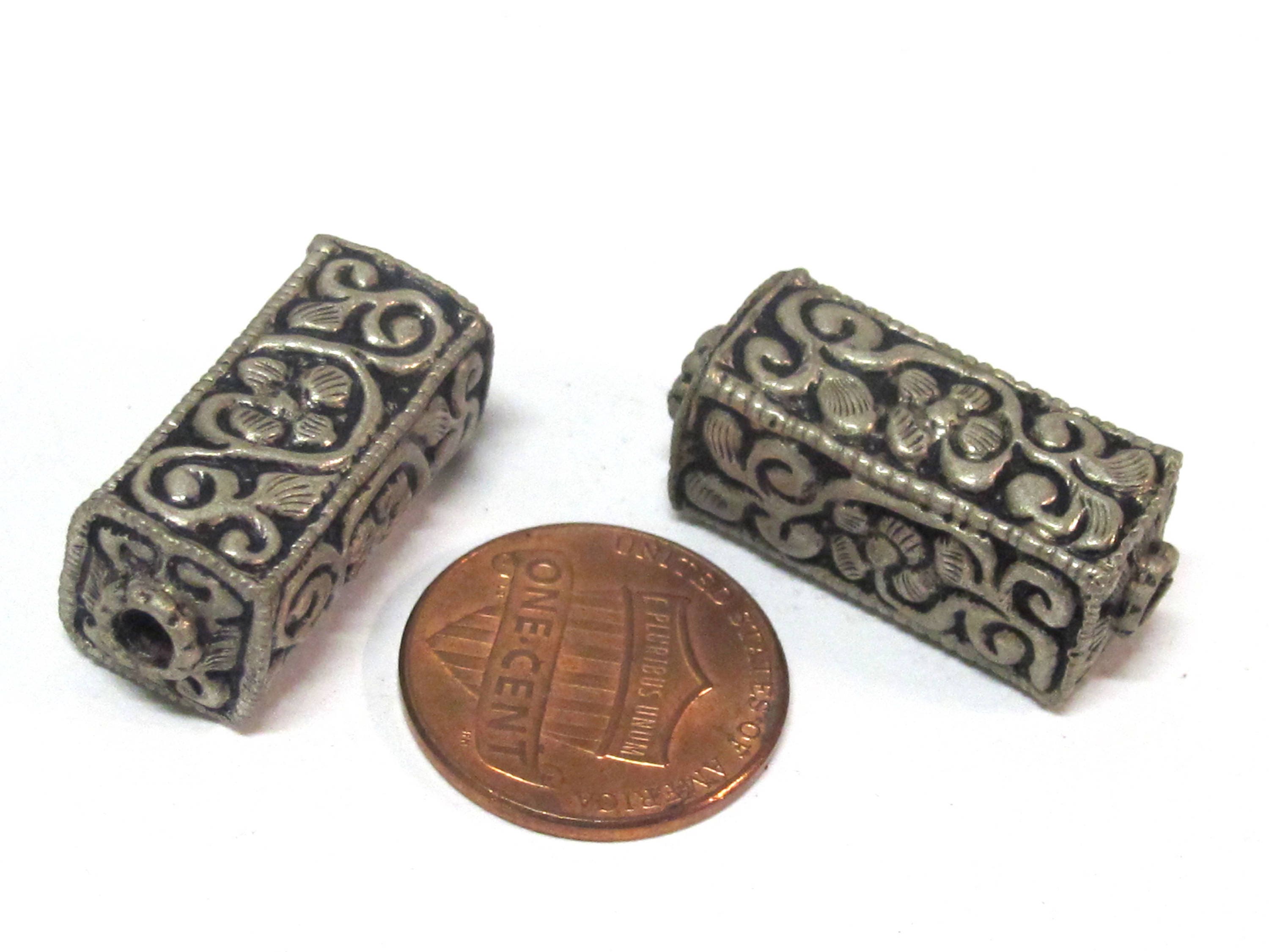 1 BEAD - Tibetan silver repousse floral leaf carving rectangle cube shape bead - BD965