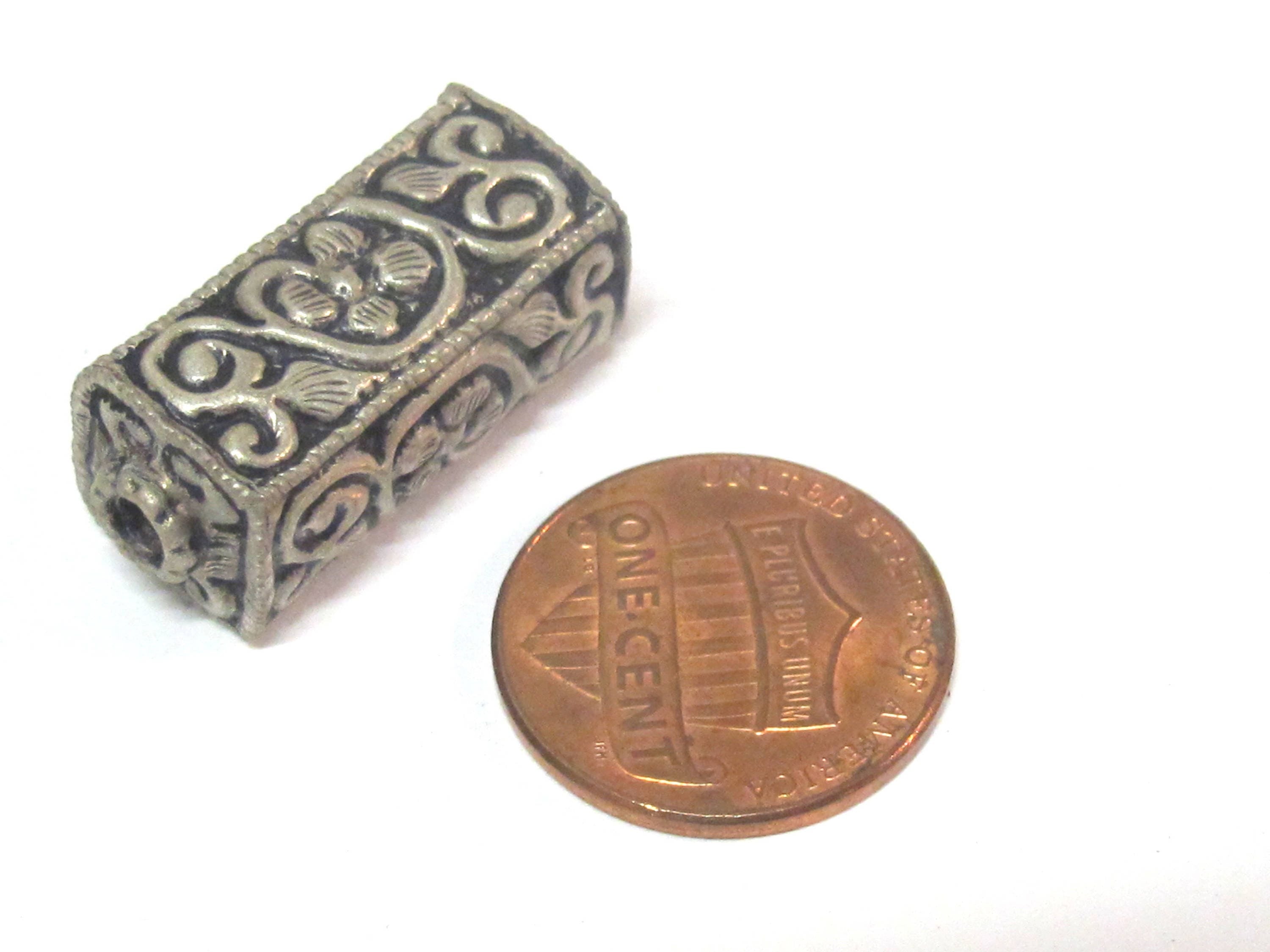 1 BEAD - Tibetan silver repousse floral leaf carving rectangle cube shape bead - BD965