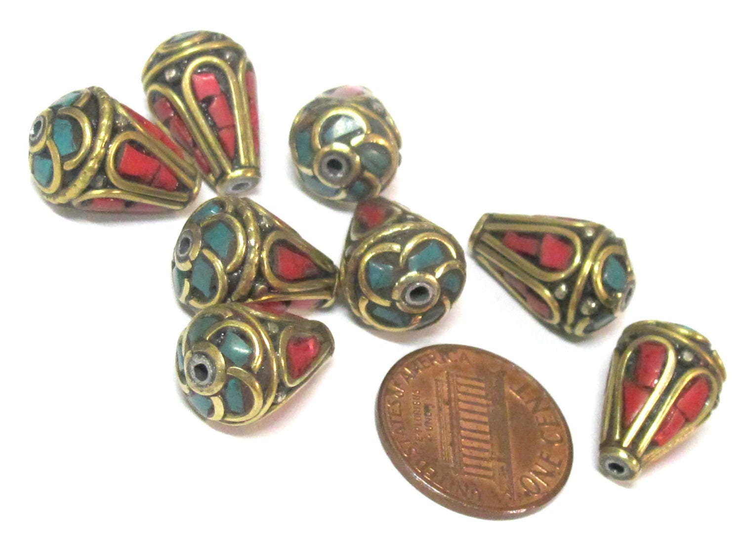 4 Beads - Tibetan beads -Ethnic Nepal Brass bead with turquoise inlay cone shape - BD355s