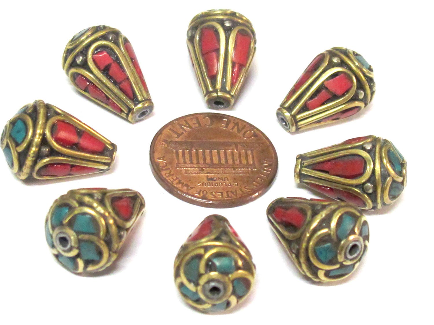 4 Beads - Tibetan beads -Ethnic Nepal Brass bead with turquoise inlay cone shape - BD355s