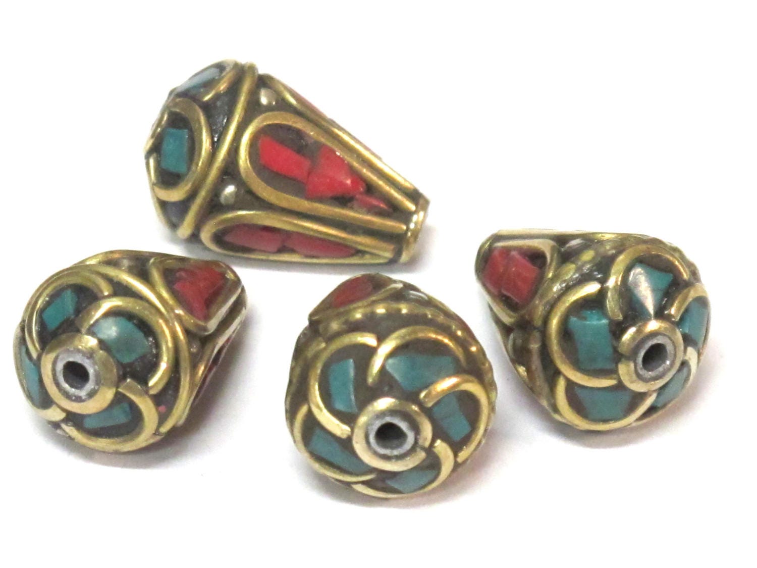4 Beads - Tibetan beads -Ethnic Nepal Brass bead with turquoise inlay cone shape - BD355s