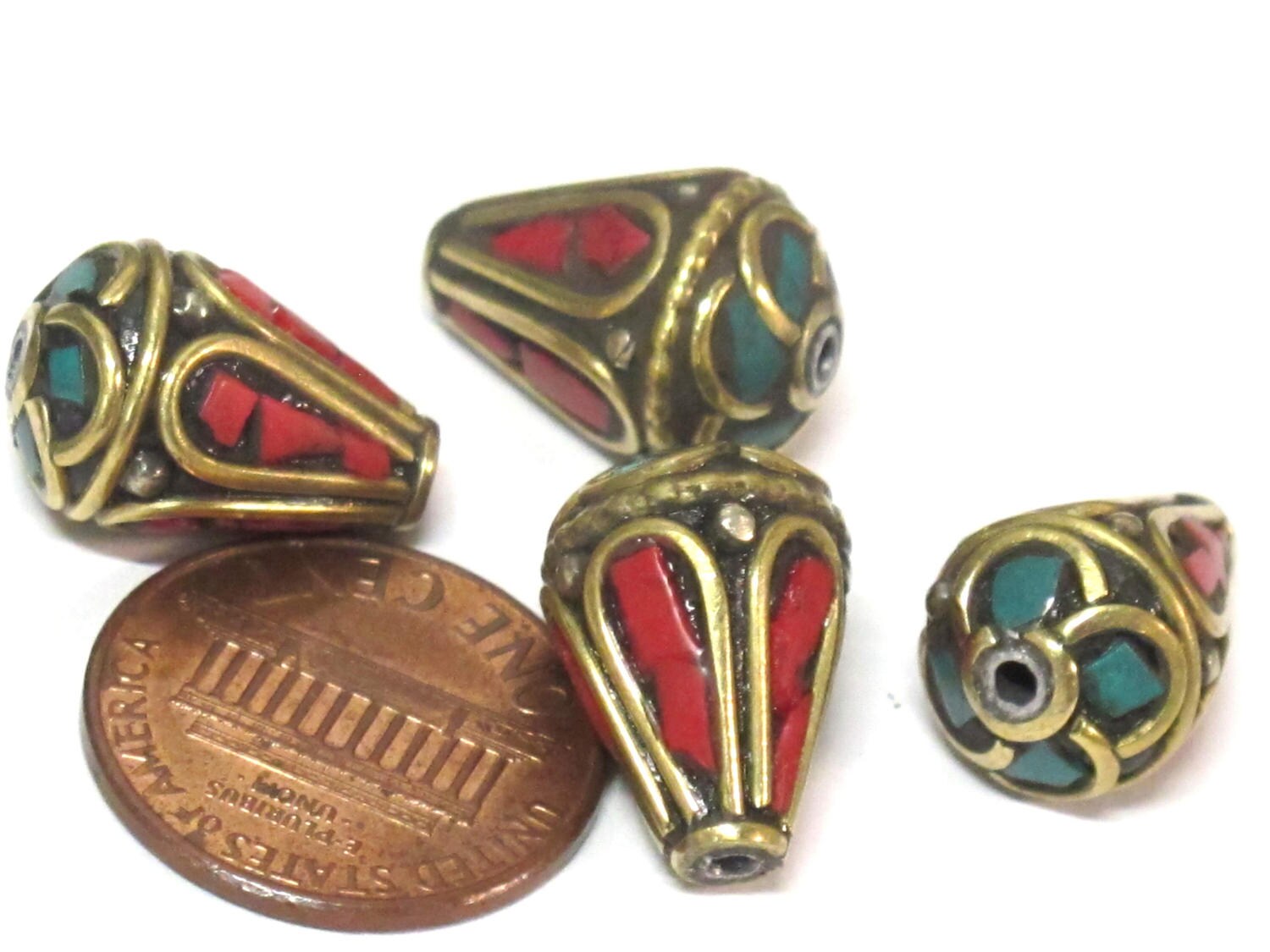 4 Beads - Tibetan beads -Ethnic Nepal Brass bead with turquoise inlay cone shape - BD355s
