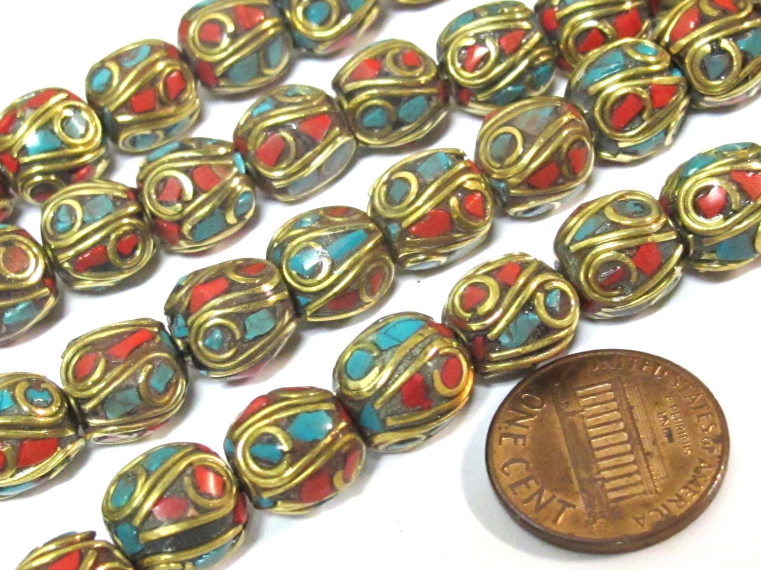 2 Beads - Ethnic Nepal beads Tibetan beads with Brass turquoise coral inlay oval shape nepal metal beads tibet focal beads BD356A