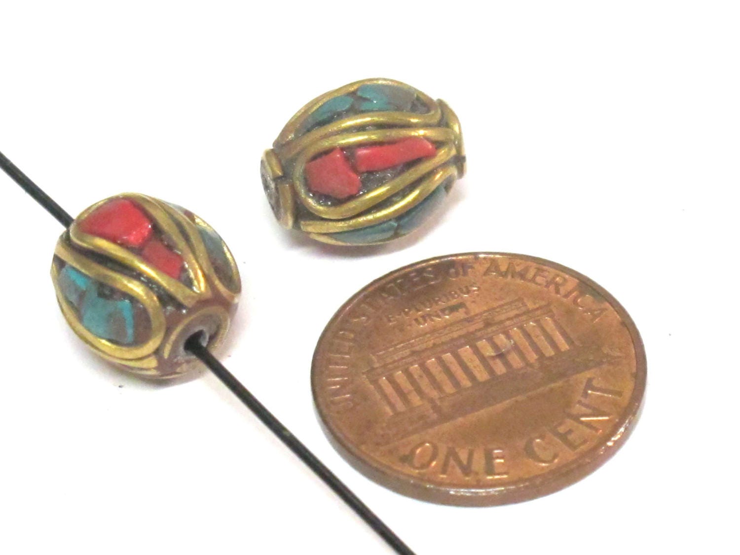 2 Beads - Ethnic Nepal beads Tibetan beads with Brass turquoise inlay drum shape - BD357A