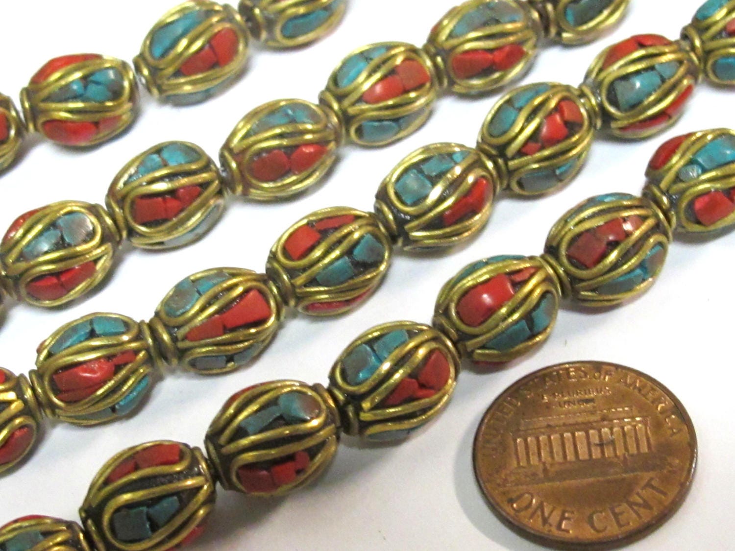 2 Beads - Ethnic Nepal beads Tibetan beads with Brass turquoise inlay drum shape - BD357A