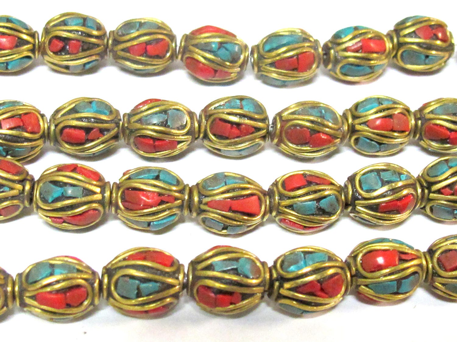 2 Beads - Ethnic Nepal beads Tibetan beads with Brass turquoise inlay drum shape - BD357A