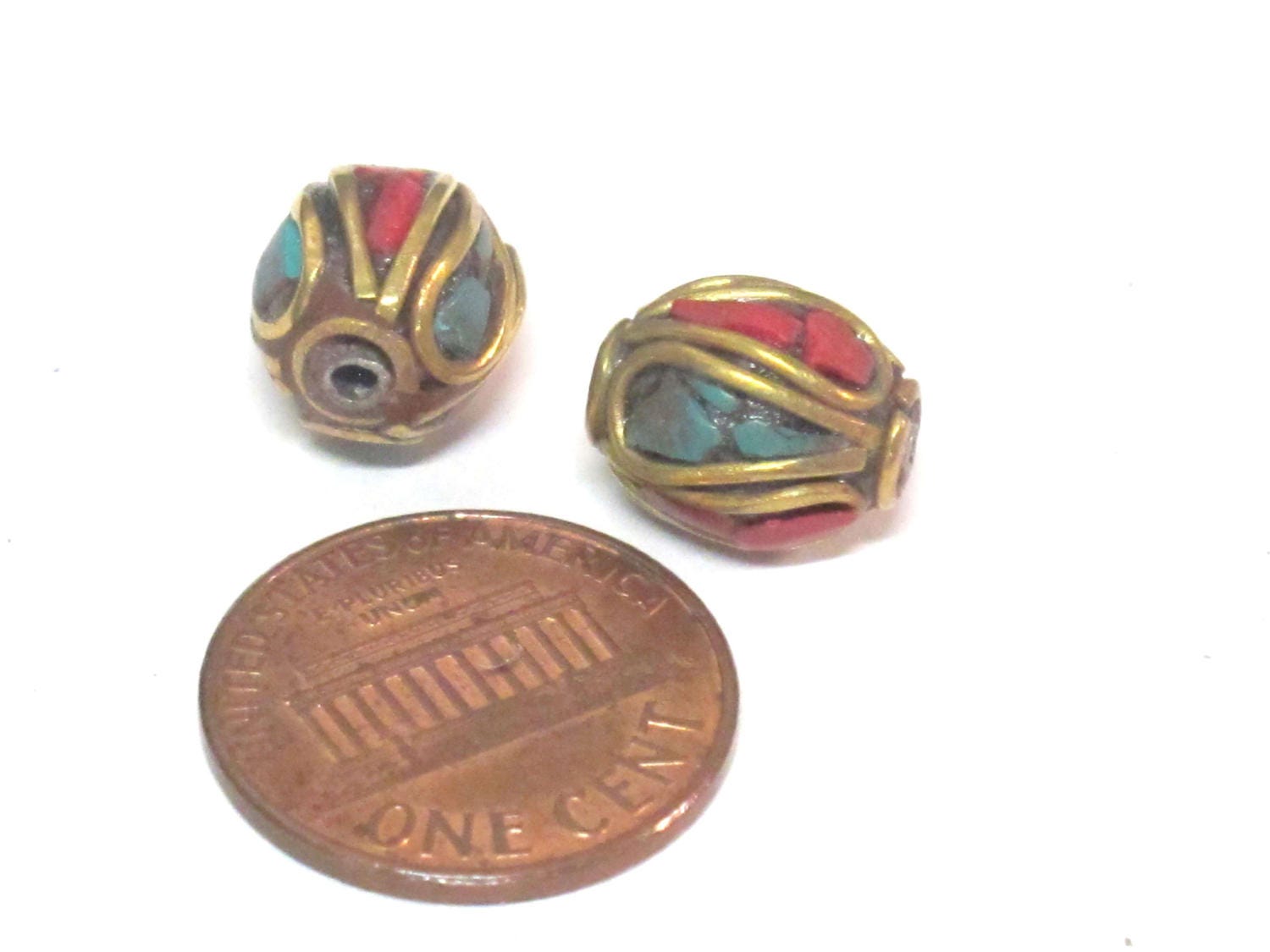 2 Beads - Ethnic Nepal beads Tibetan beads with Brass turquoise inlay drum shape - BD357A