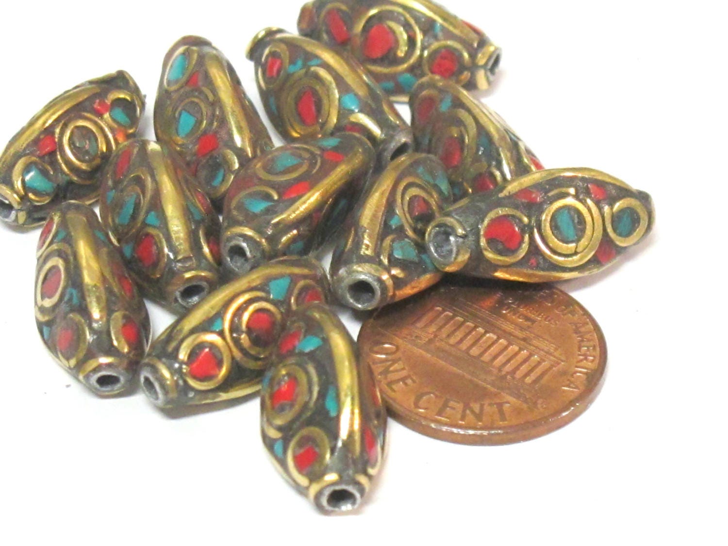 Nepal beads - 2 Beads - Rice bean shape ethnic nepal beads with circles design brass turquoise inlays - Tibetan beads - BD951