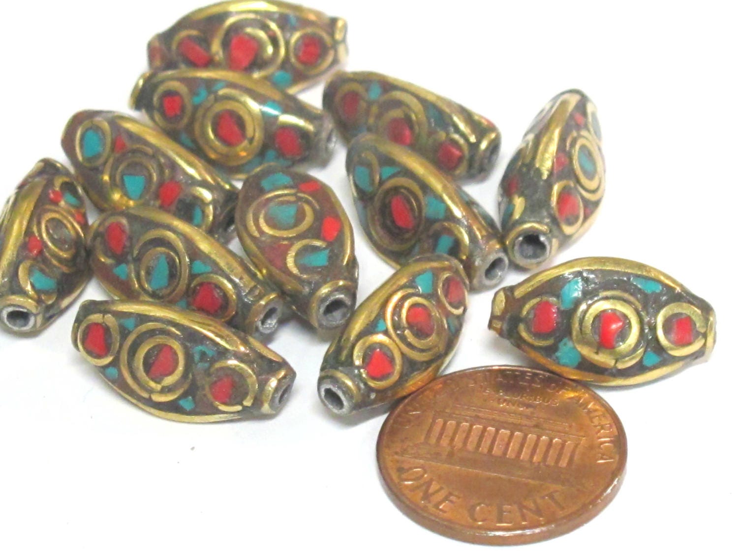 Nepal beads - 2 Beads - Rice bean shape ethnic nepal beads with circles design brass turquoise inlays - Tibetan beads - BD951