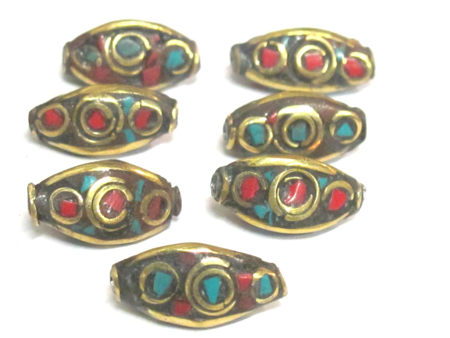 Nepal beads - 2 Beads - Rice bean shape ethnic nepal beads with circles design brass turquoise inlays - Tibetan beads - BD951