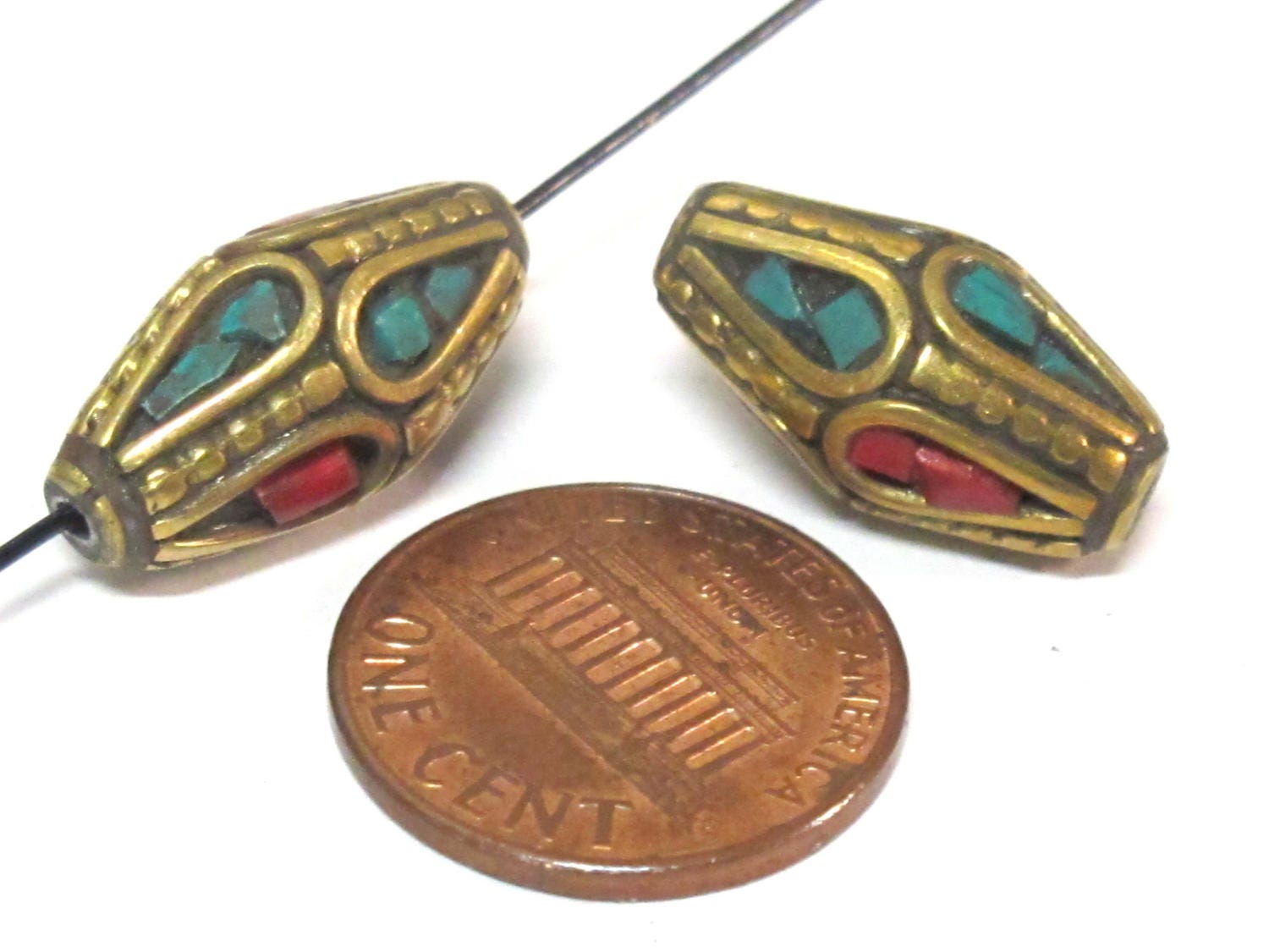 2 Beads - Bicone shape ethnic nepal bead with brass turquoise inlays - BD952