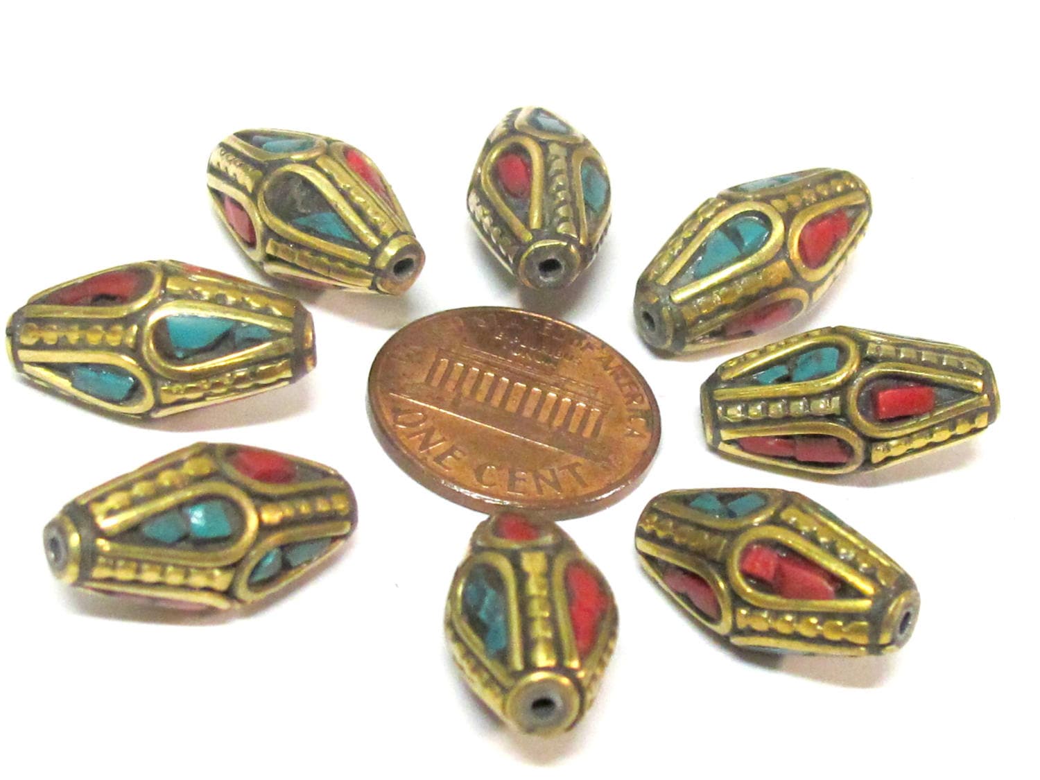 2 Beads - Bicone shape ethnic nepal bead with brass turquoise inlays - BD952