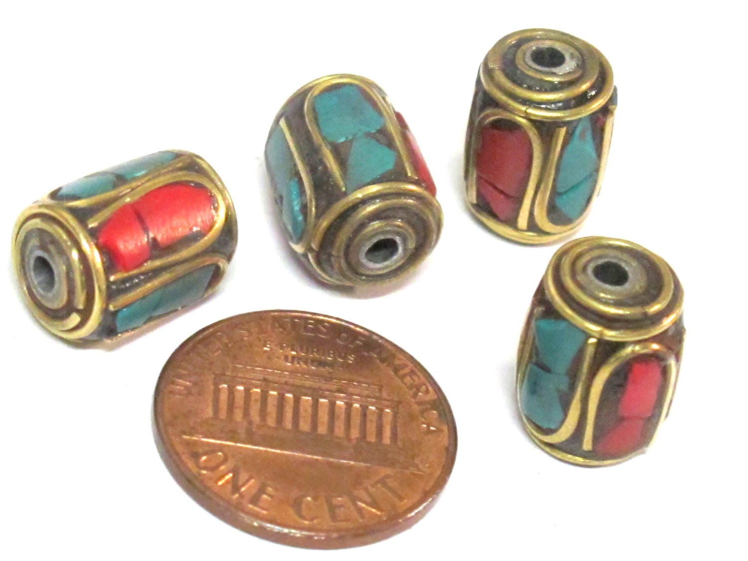 4 Beads - Tibetan brass beads thick cylinder tube shape with turquoise inlay from Nepal - BD953
