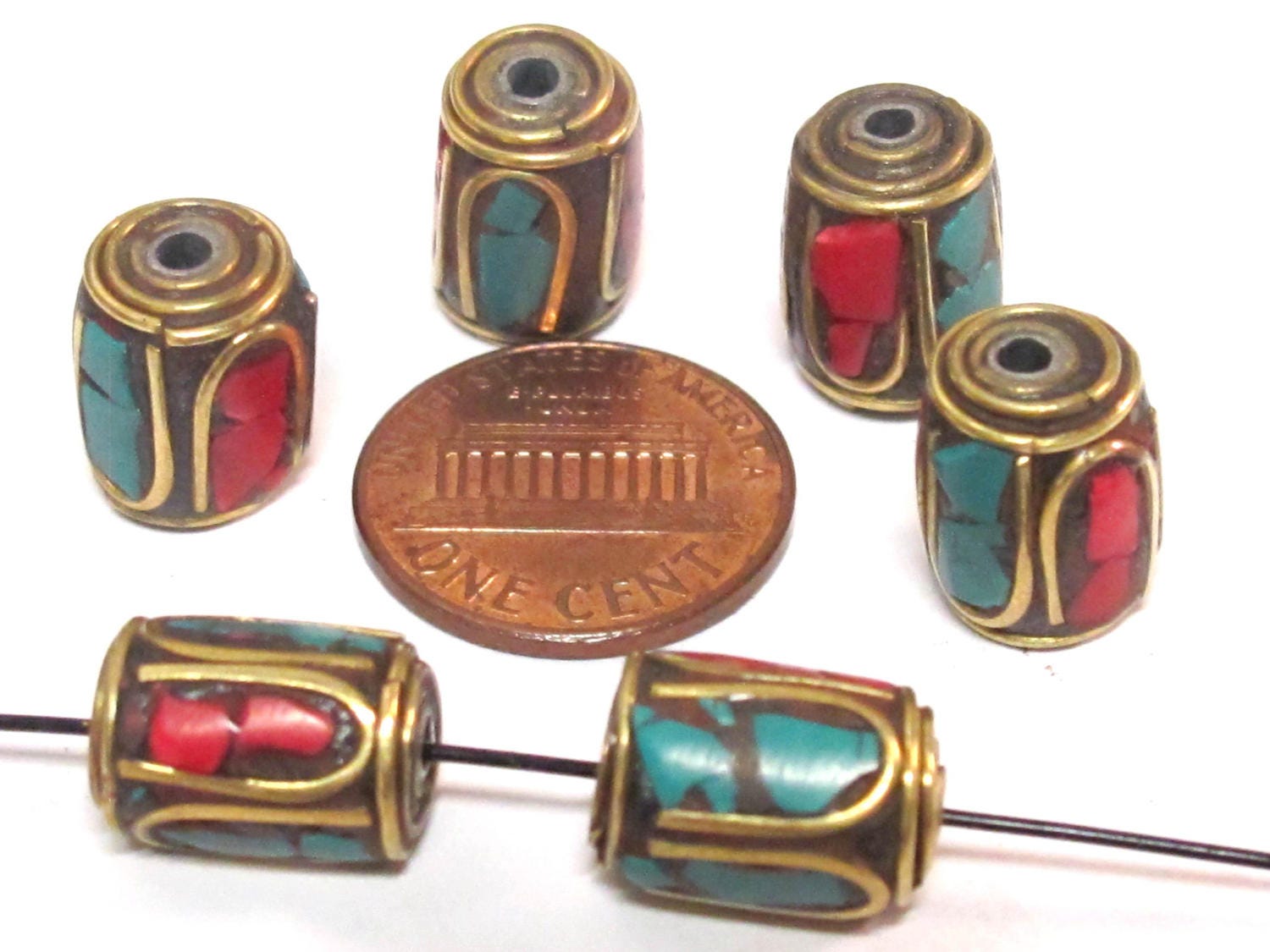 4 Beads - Tibetan brass beads thick cylinder tube shape with turquoise inlay from Nepal - BD953