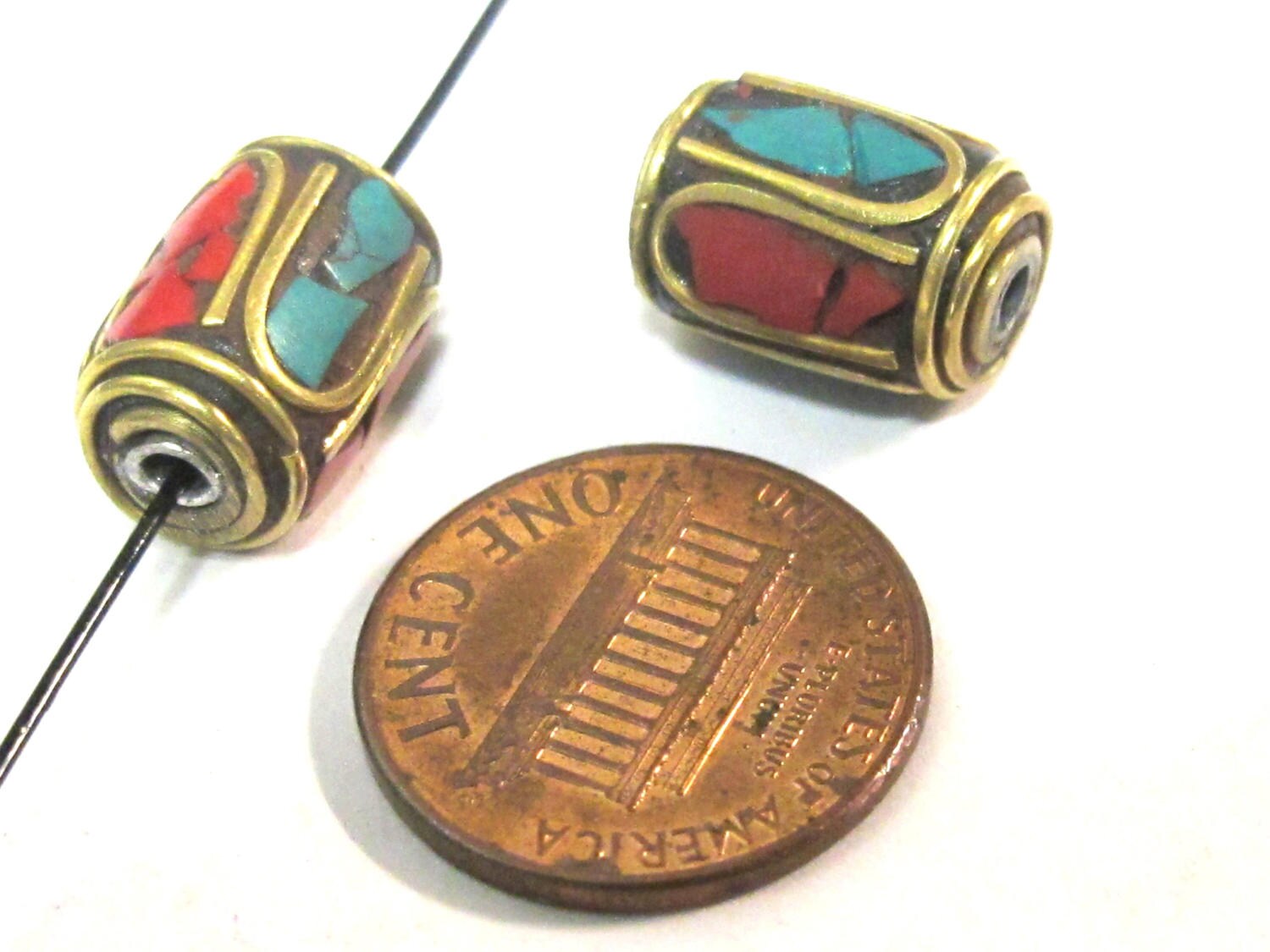4 Beads - Tibetan brass beads thick cylinder tube shape with turquoise inlay from Nepal - BD953