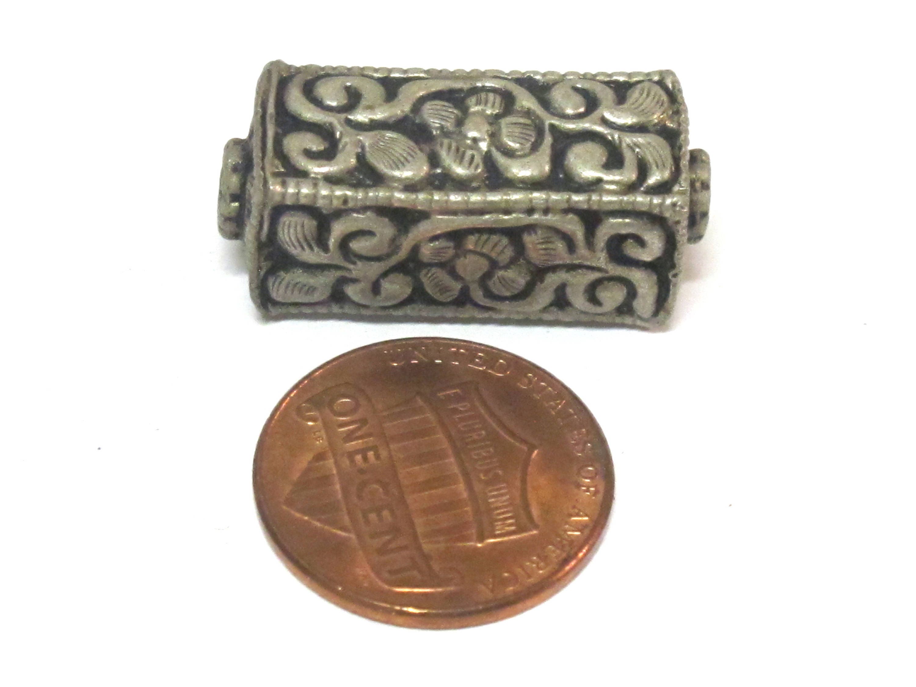 1 BEAD - Tibetan silver repousse floral leaf carving rectangle cube shape bead - BD965
