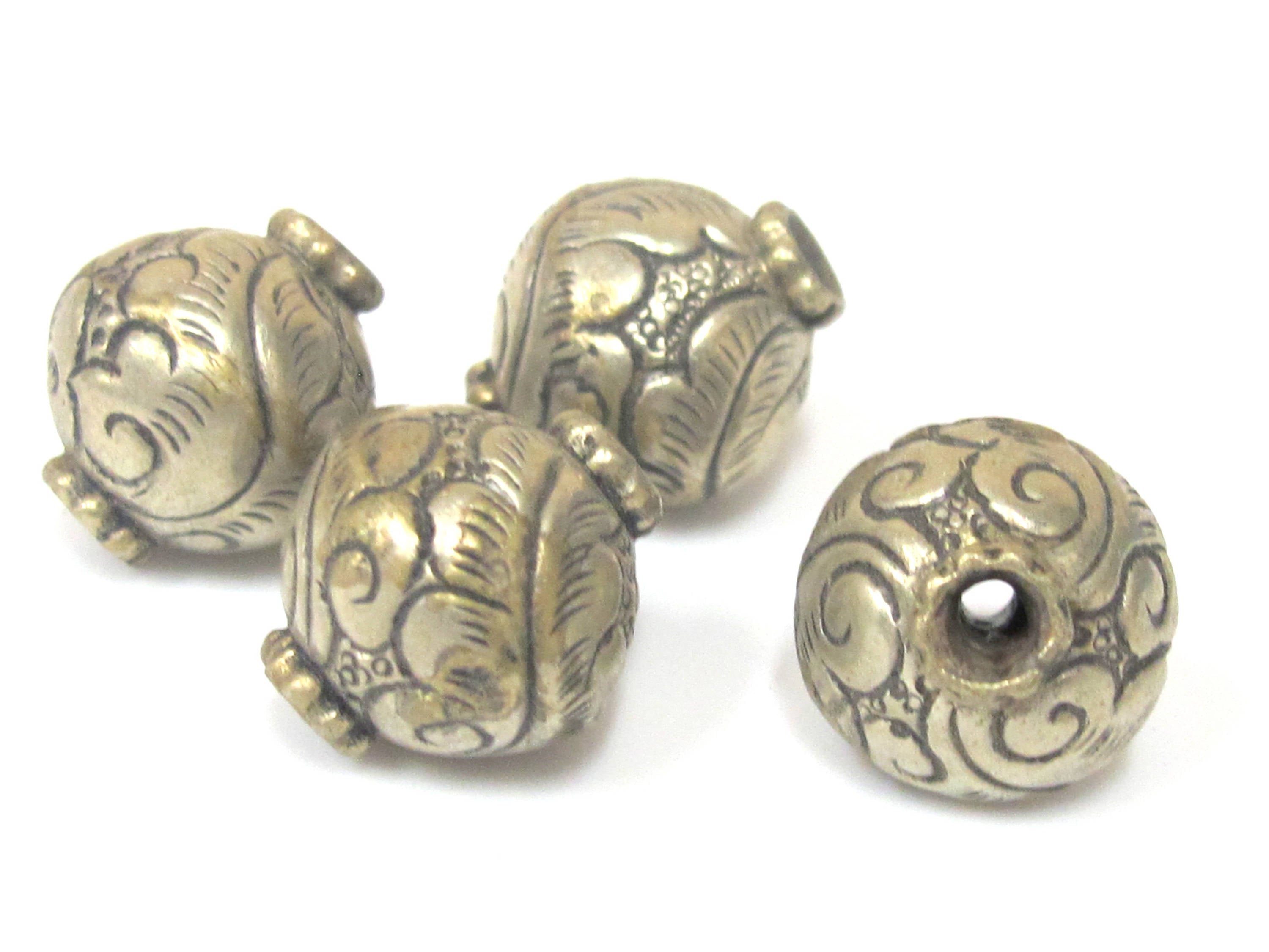 1 BEAD - Tibetan silver repousse carving floral design rondelle oval shape beads from Nepal - BD966