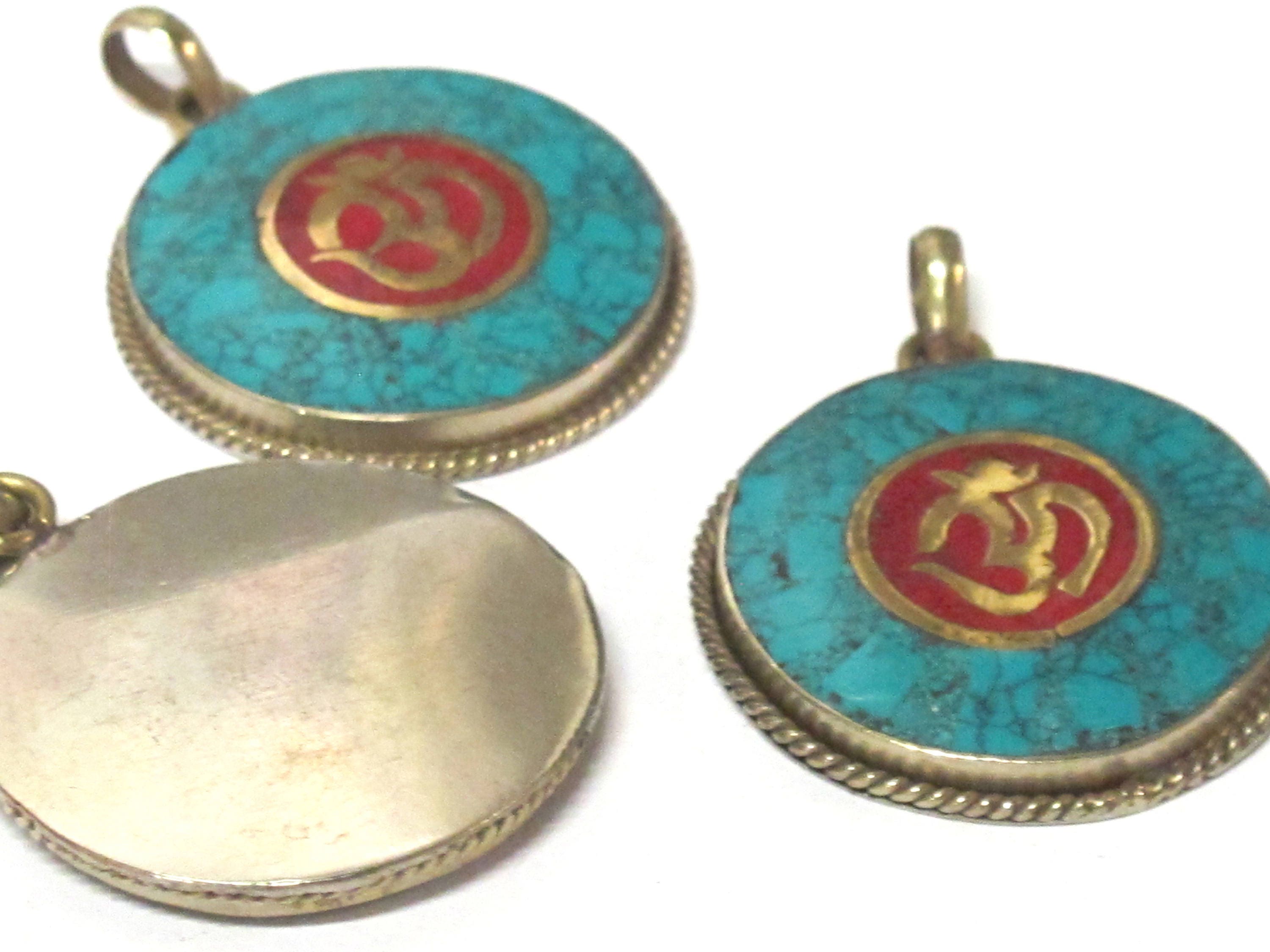 1 Pendant - Tibetan OM pendant with turquoise coral inlay - PM567