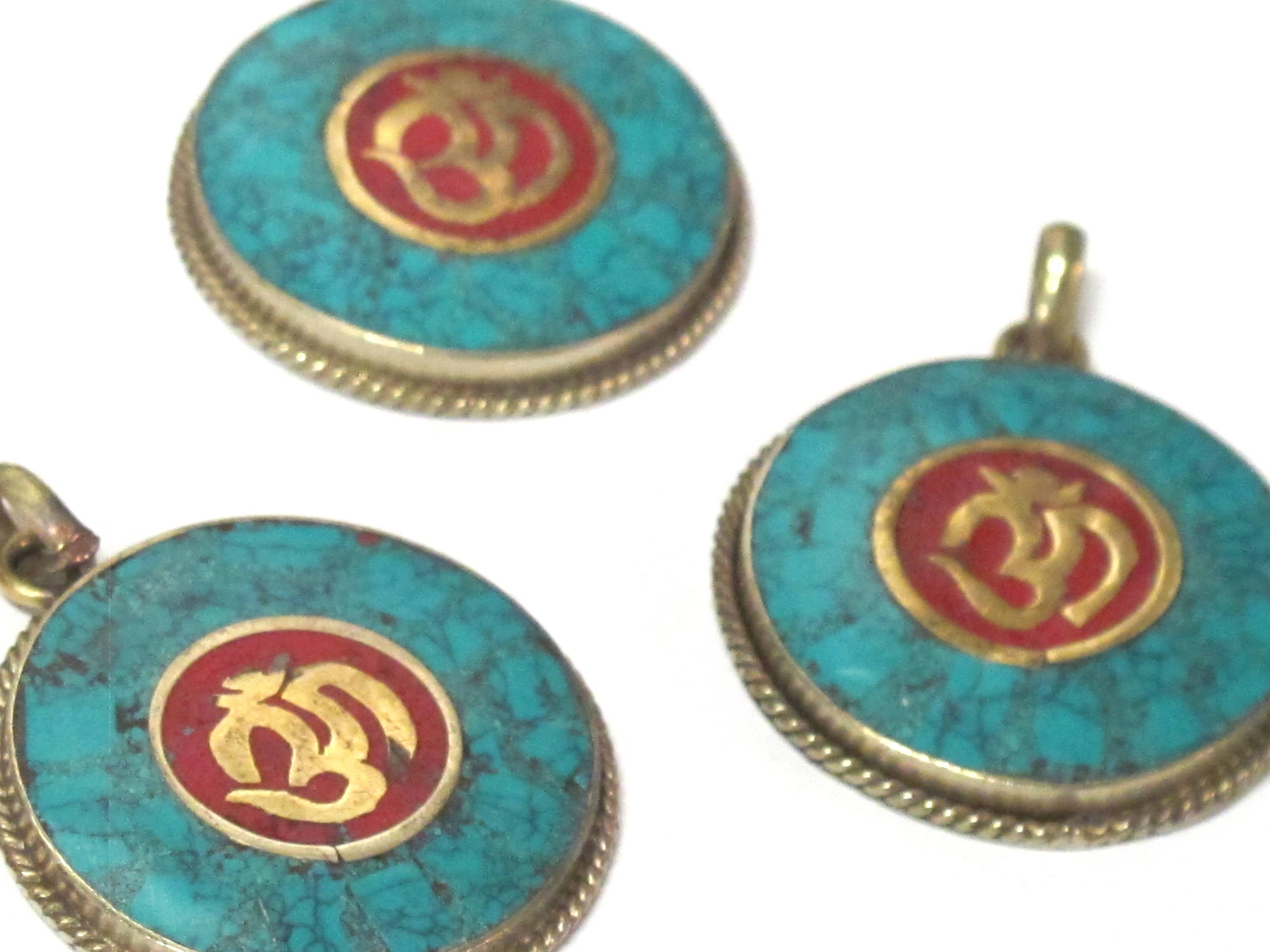 1 Pendant - Tibetan OM pendant with turquoise coral inlay - PM567