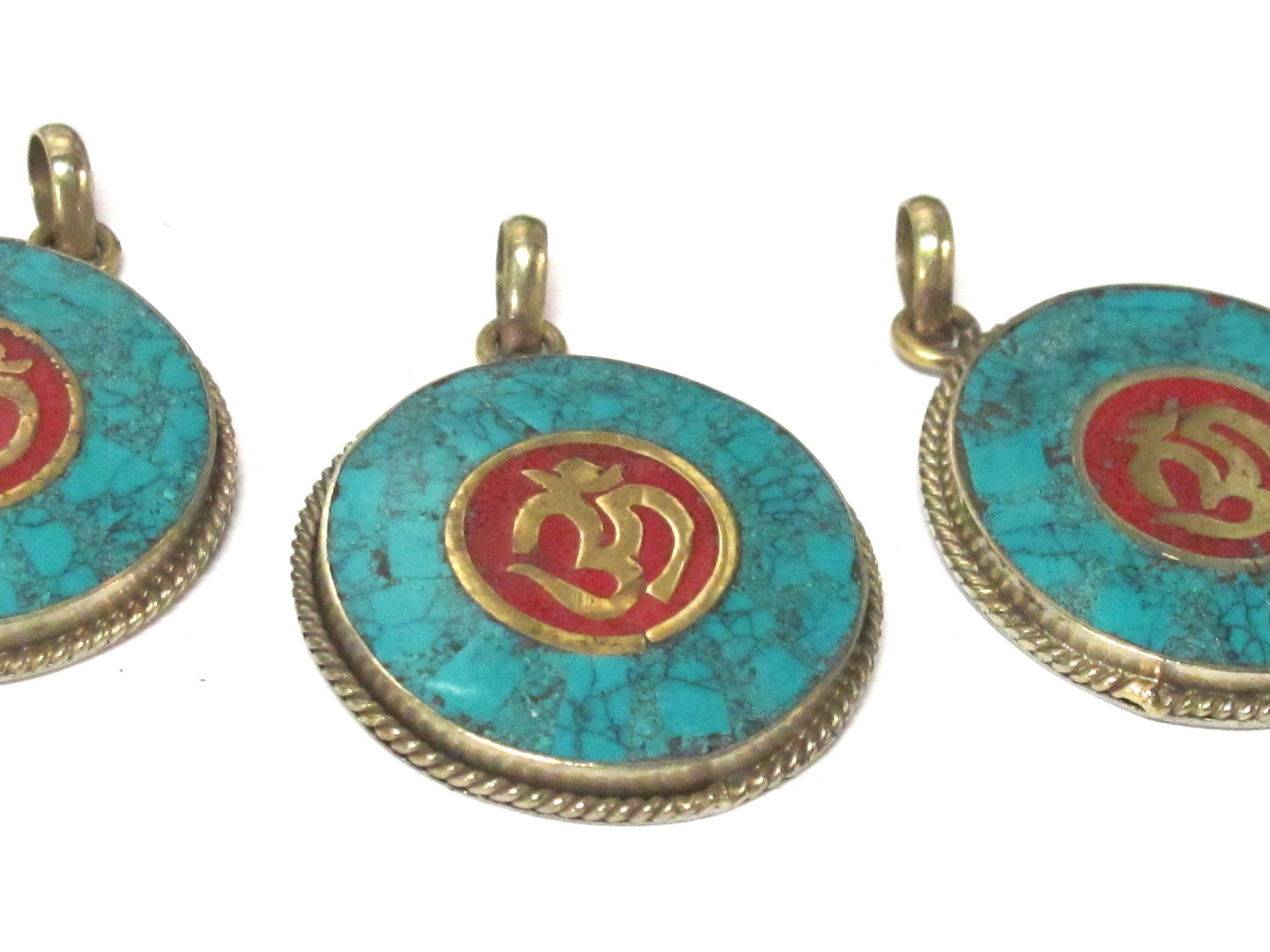 1 Pendant - Tibetan OM pendant with turquoise coral inlay - PM567