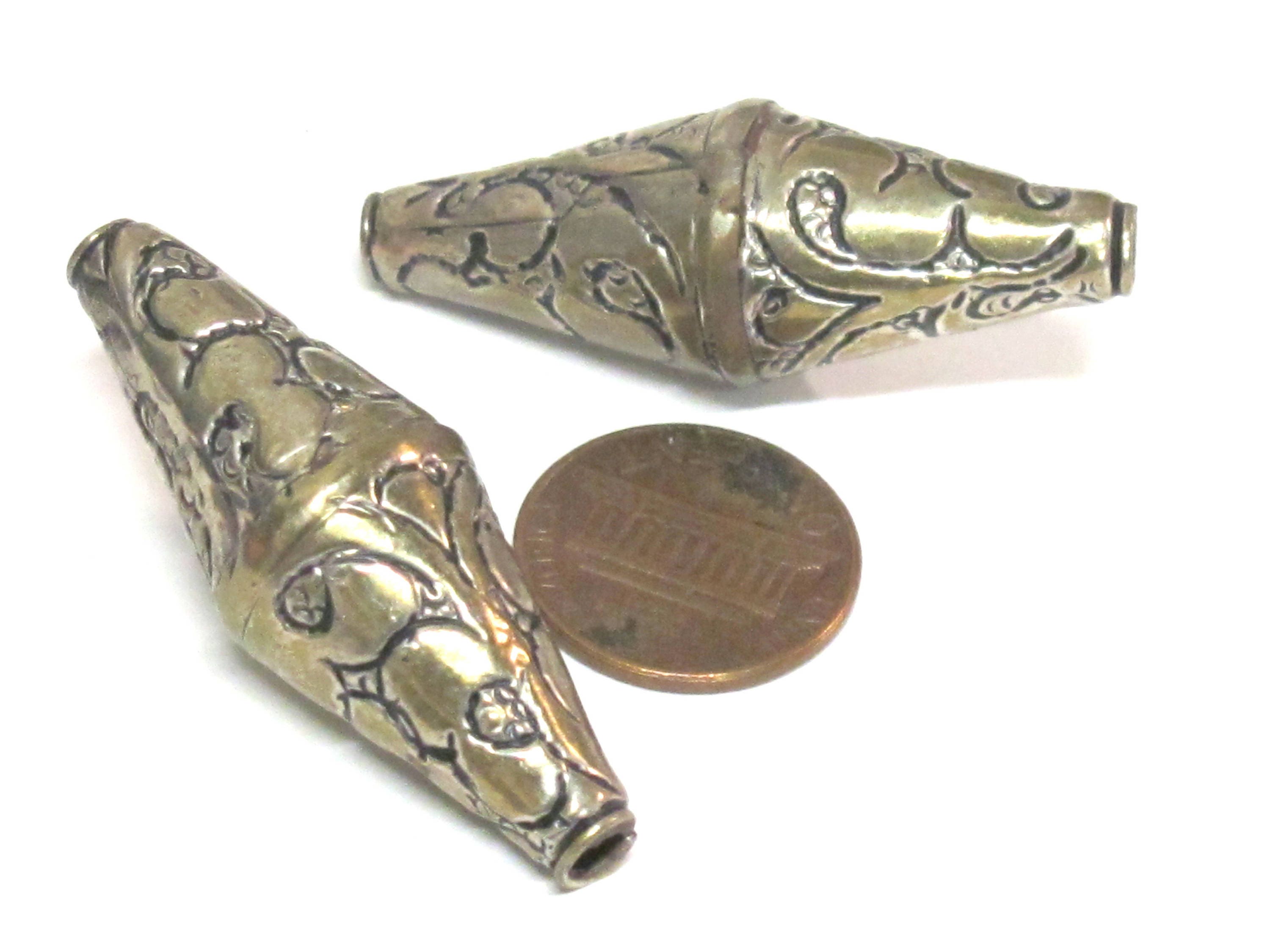1 Bead - Beautiful Large Long bicone shape Tibetan silver floral repousse ethnic beads from Nepal - BD213B