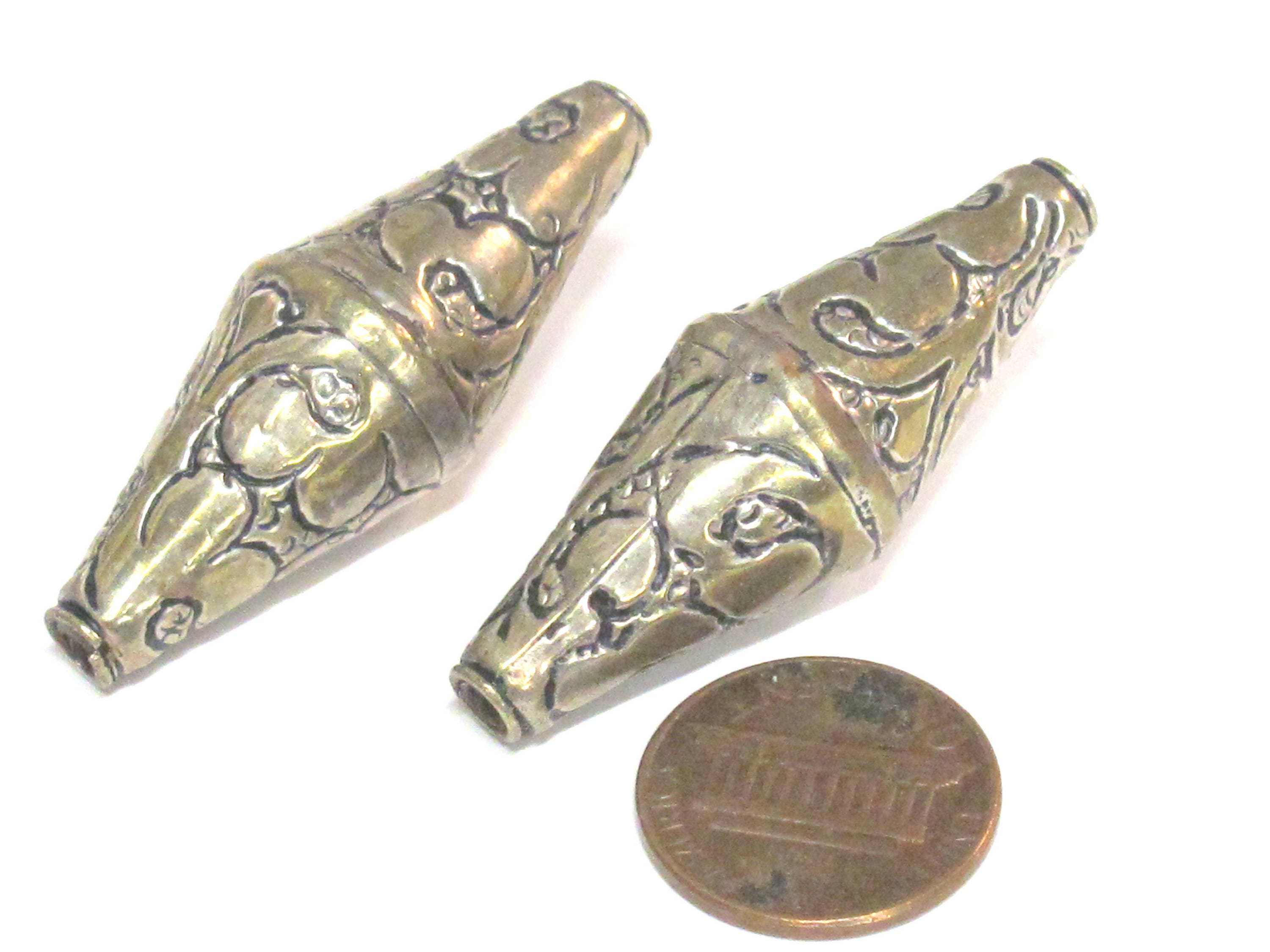 1 Bead - Beautiful Large Long bicone shape Tibetan silver floral repousse ethnic beads from Nepal - BD213B