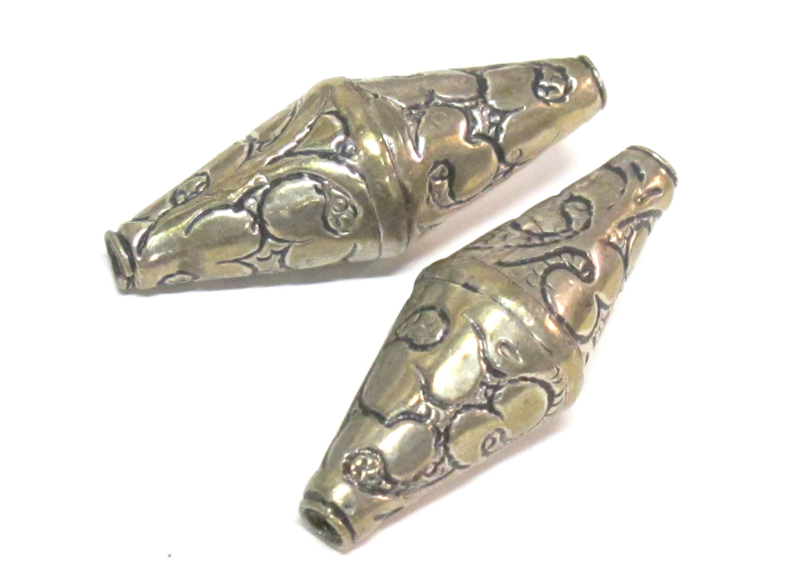 1 Bead - Beautiful Large Long bicone shape Tibetan silver floral repousse ethnic beads from Nepal - BD213B