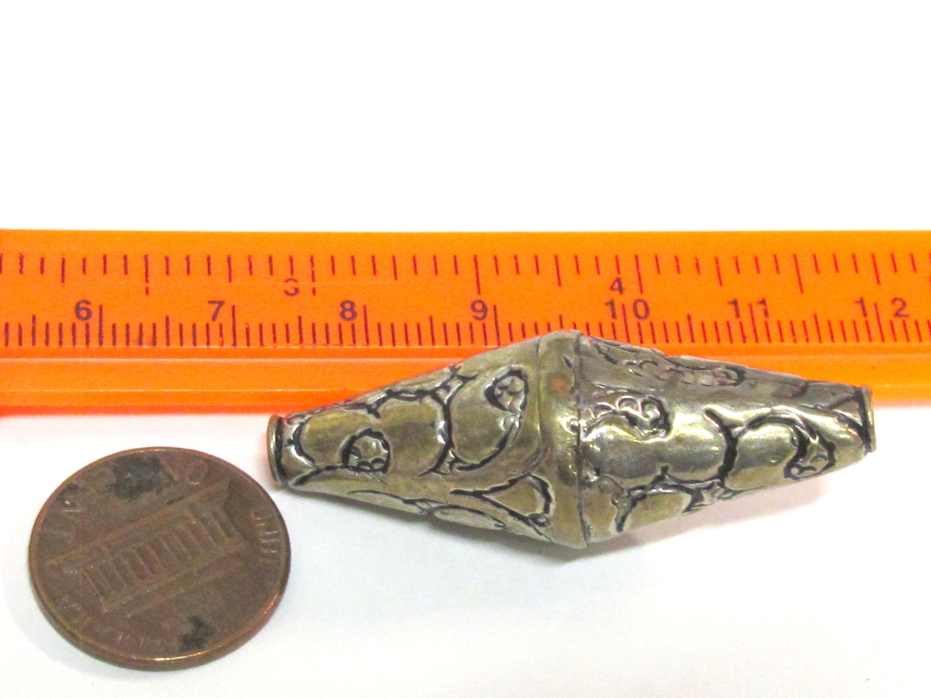 1 Bead - Beautiful Large Long bicone shape Tibetan silver floral repousse ethnic beads from Nepal - BD213B