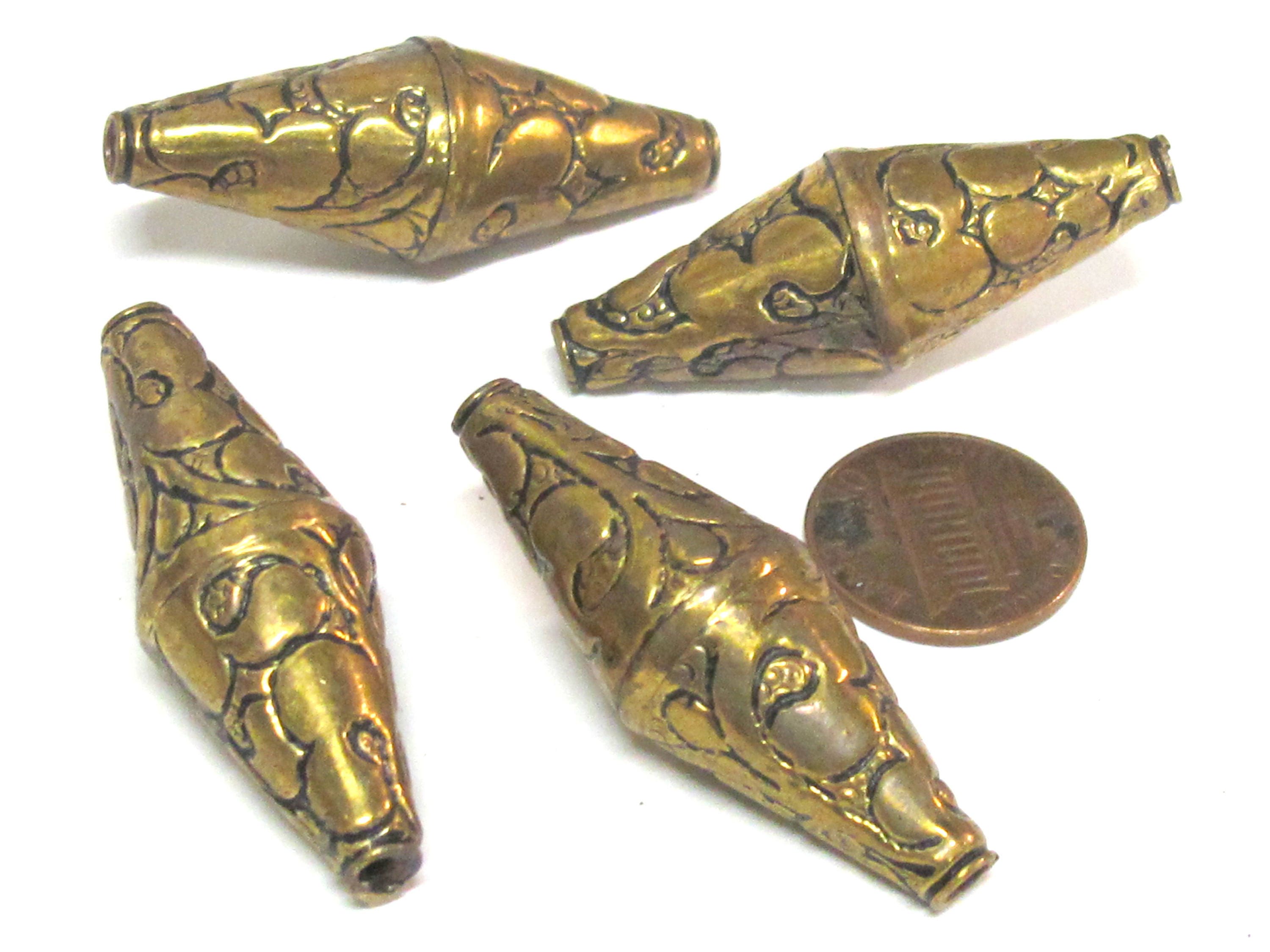 1 Bead - Beautiful Large Long bicone shape Tibetan brass antiqued golden finish floral repousse beads from Nepal - BD214B