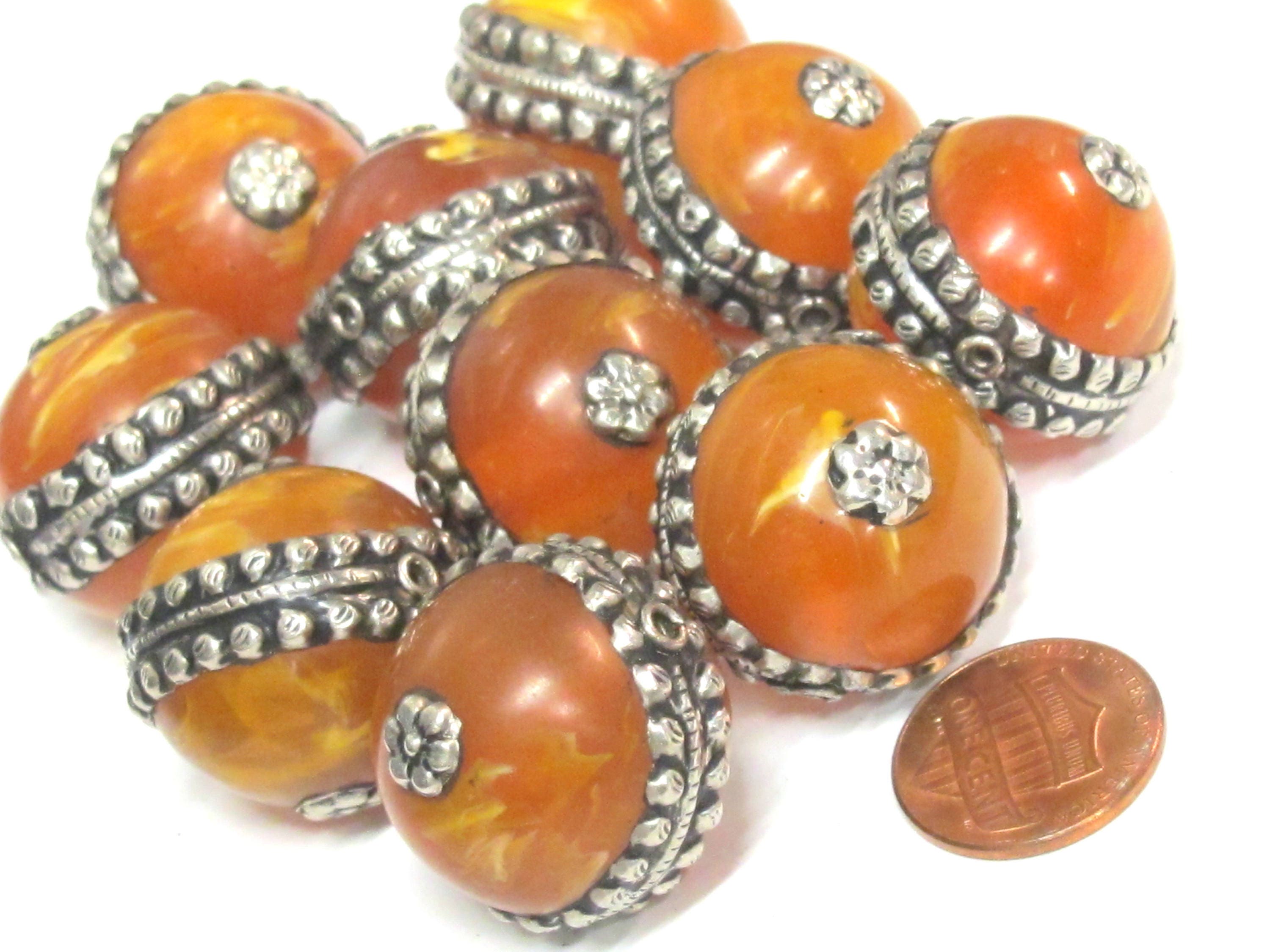 1 Bead - Tibetan silver encased thick copal Resin focal pendant bead - BD590Bx