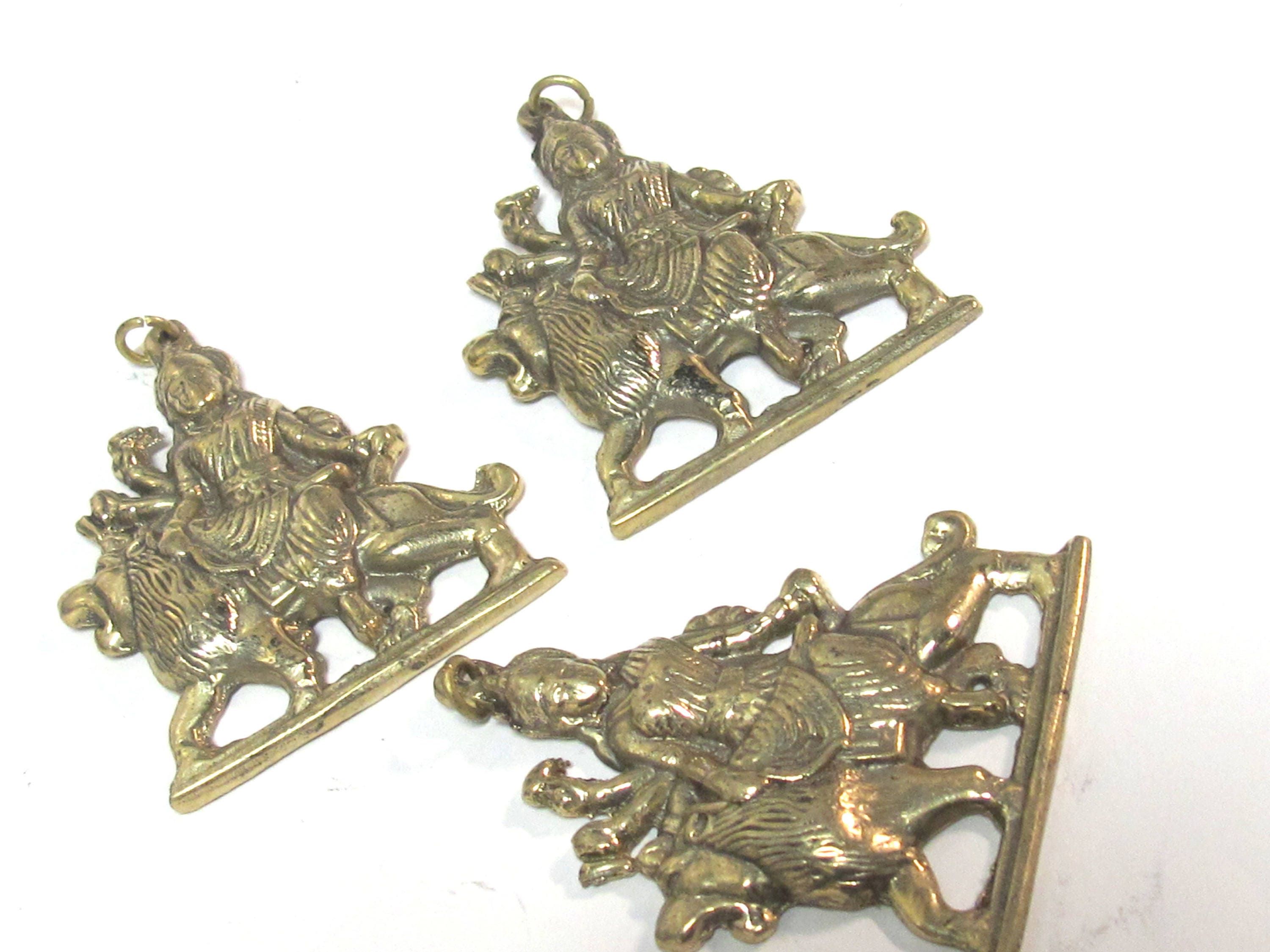 1 Pendant - Large size Hindu Goddess revered Durga Maa Sherawali Brass amulet pendant - CP129