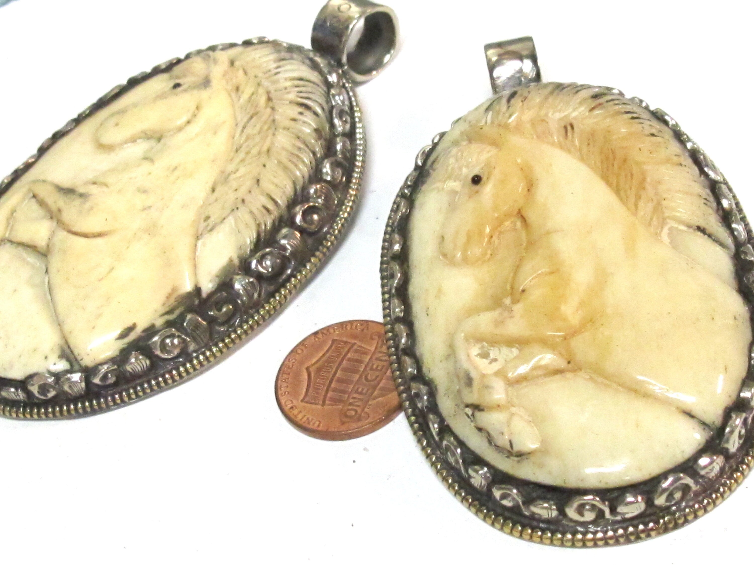 Unique large size carved cattle bone pendant with intricate unicorn horse design and floral carving on reverse side - PB008G
