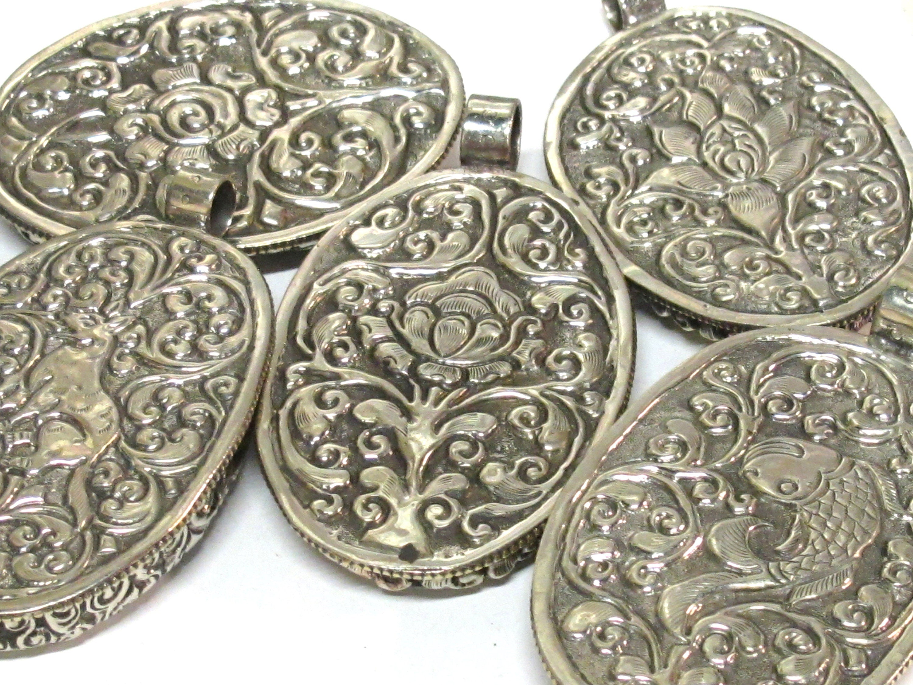 Unique large size carved cattle bone pendant with intricate unicorn horse design and floral carving on reverse side - PB008G