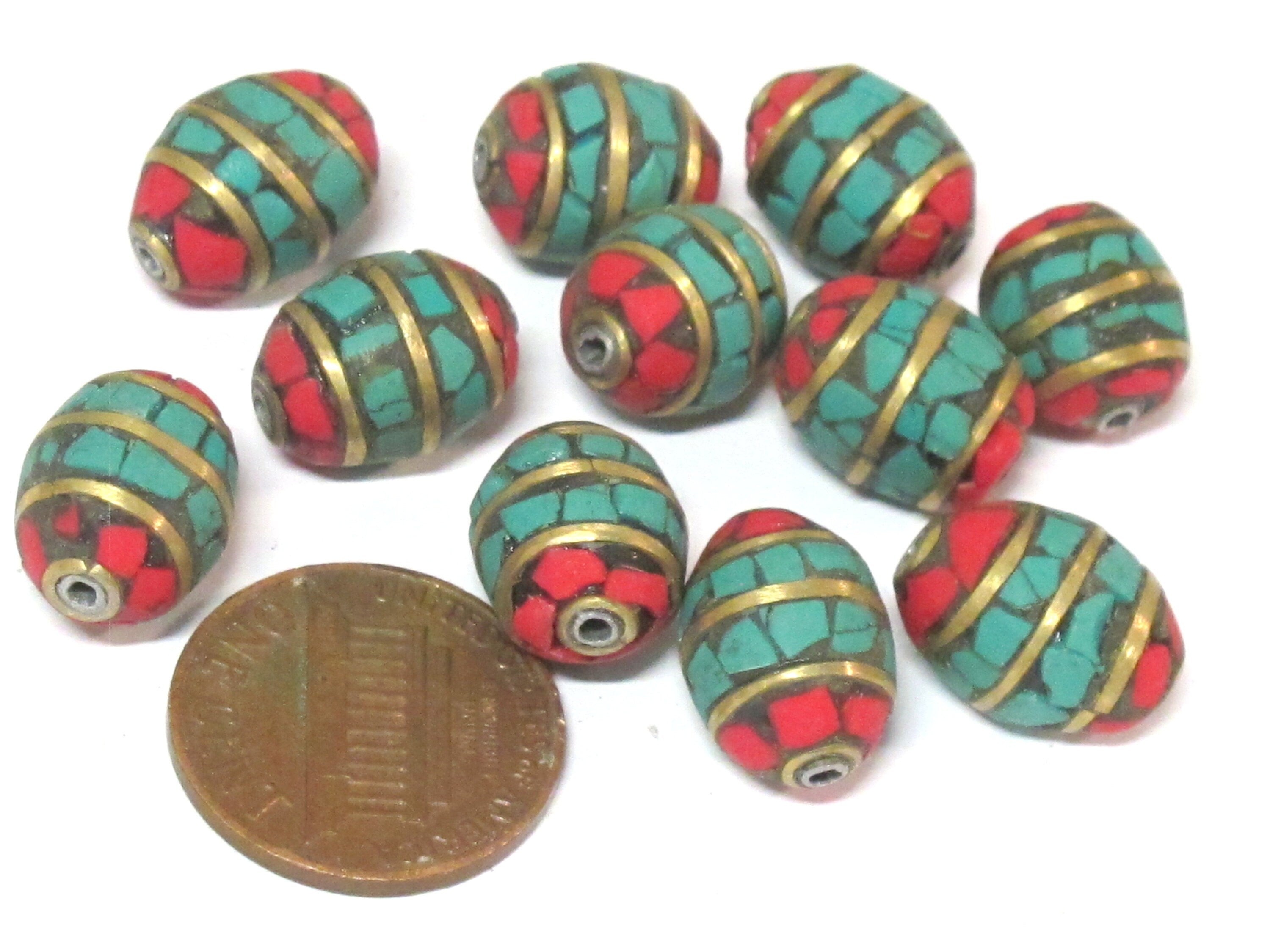 2 beads - Tibetan Nepal beads Red blue mosaic band design brass beads with turquoise inlay - BD898E