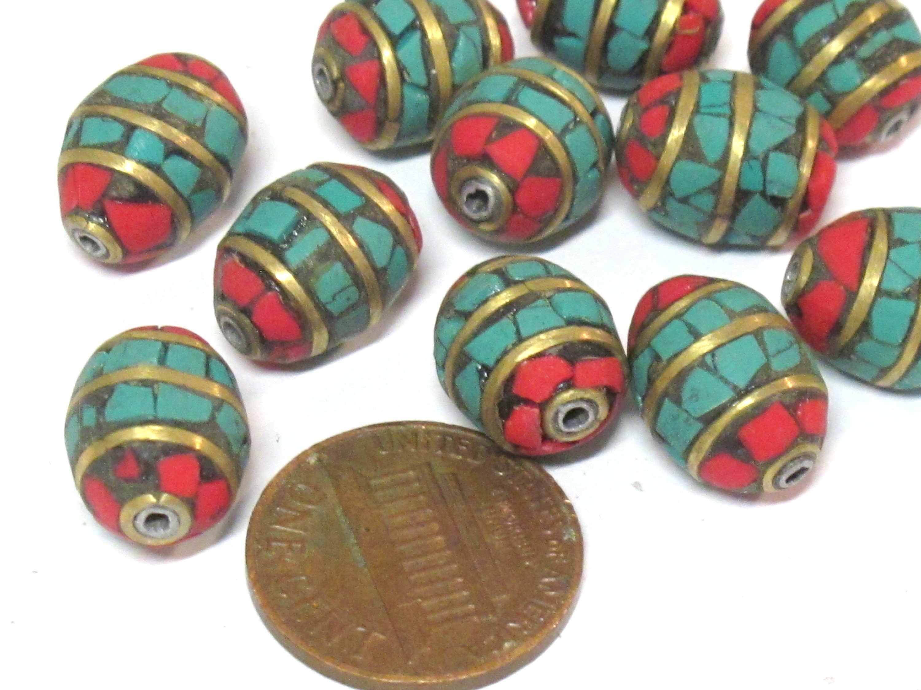 2 beads - Tibetan Nepal beads Red blue mosaic band design brass beads with turquoise inlay - BD898E