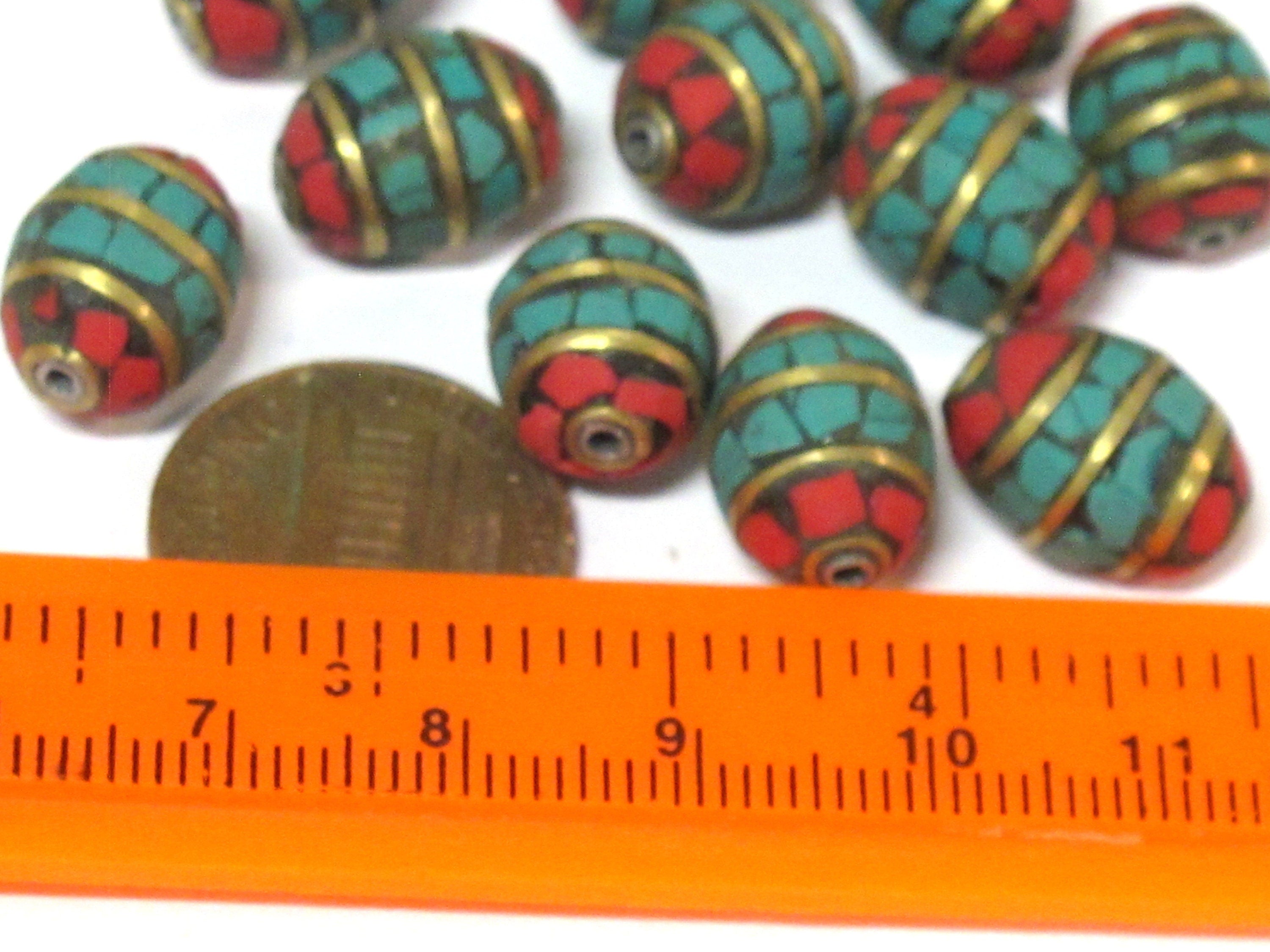 2 beads - Tibetan Nepal beads Red blue mosaic band design brass beads with turquoise inlay - BD898E