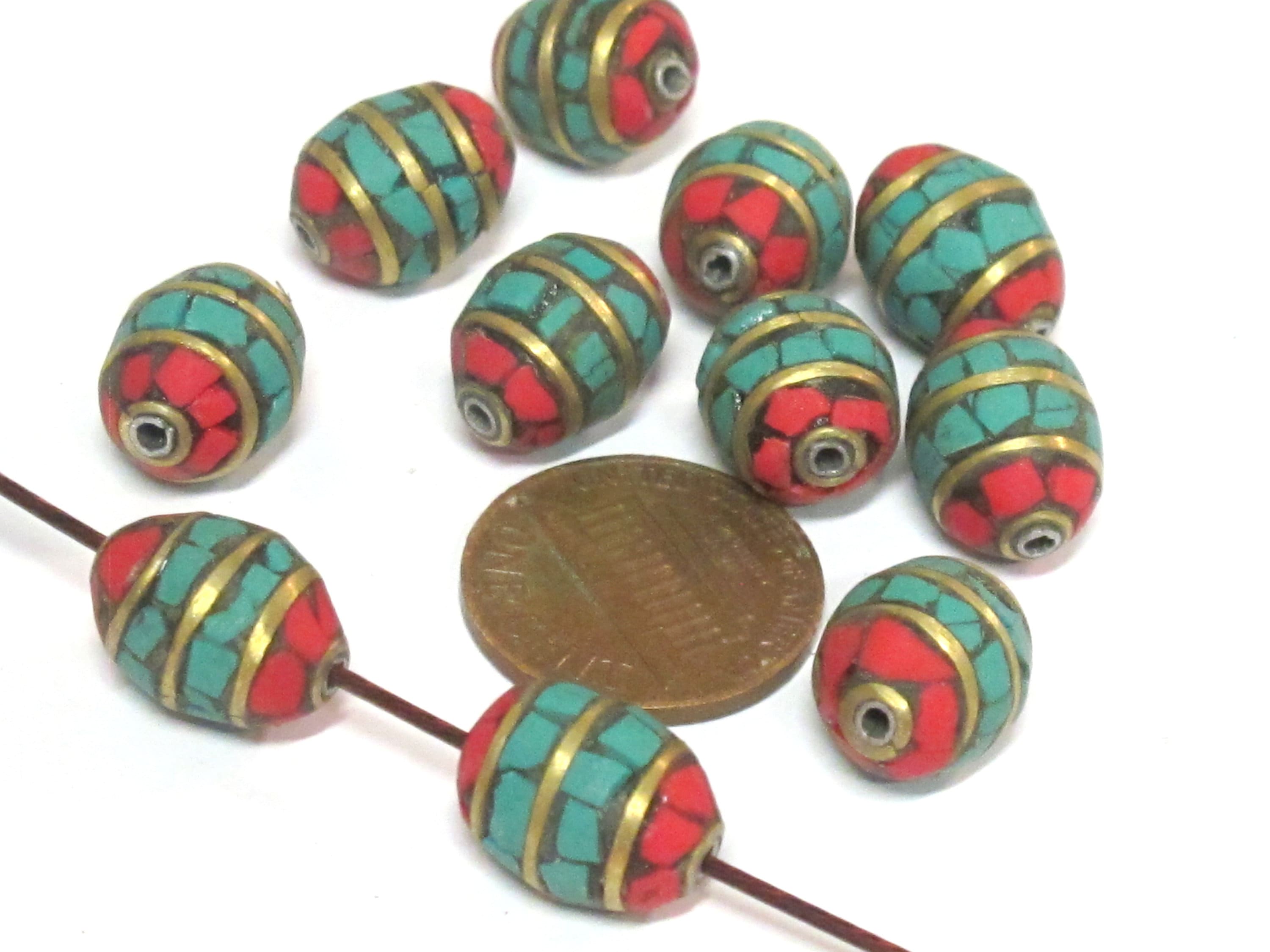 2 beads - Tibetan Nepal beads Red blue mosaic band design brass beads with turquoise inlay - BD898E