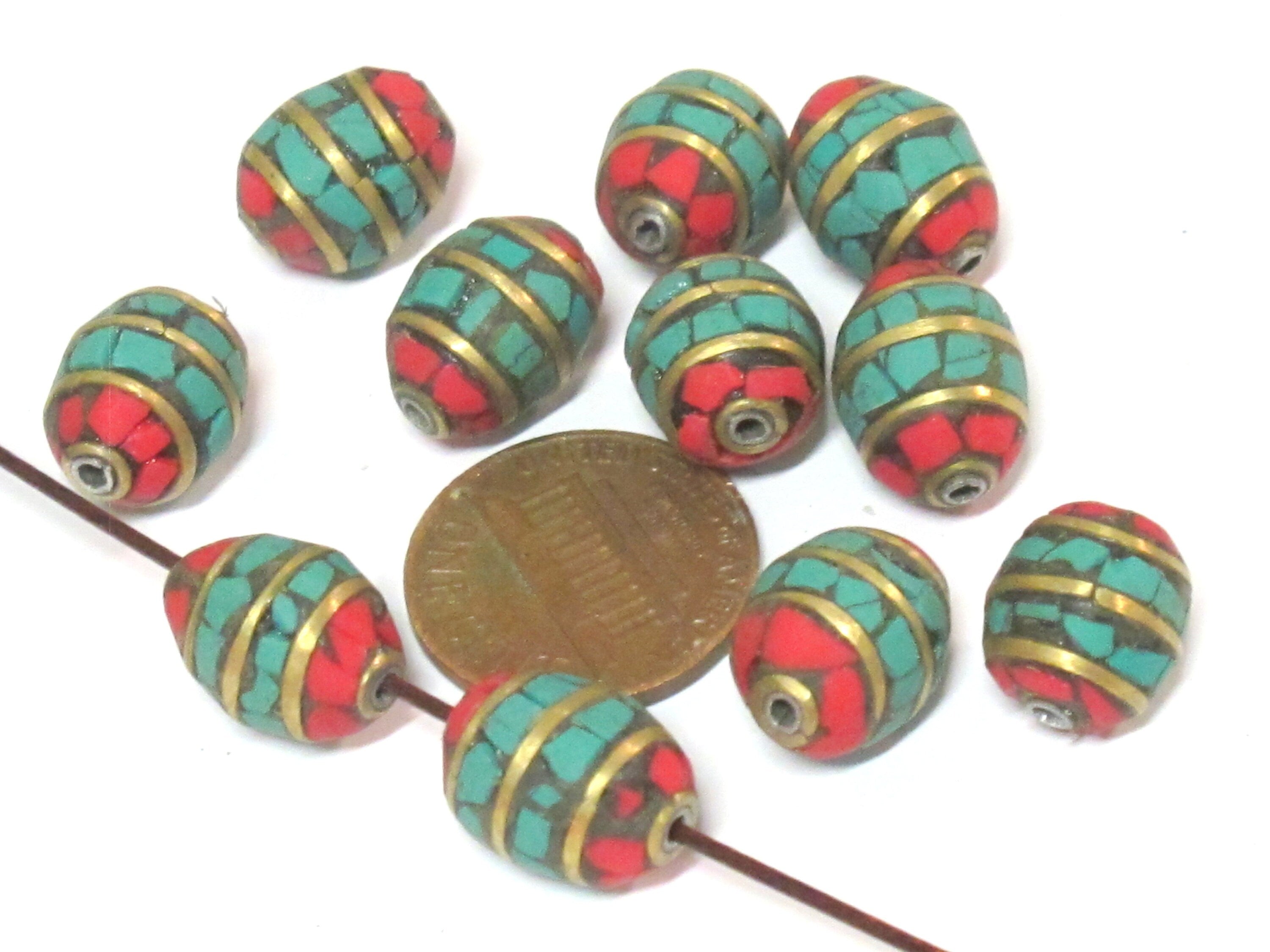 2 beads - Tibetan Nepal beads Red blue mosaic band design brass beads with turquoise inlay - BD898E