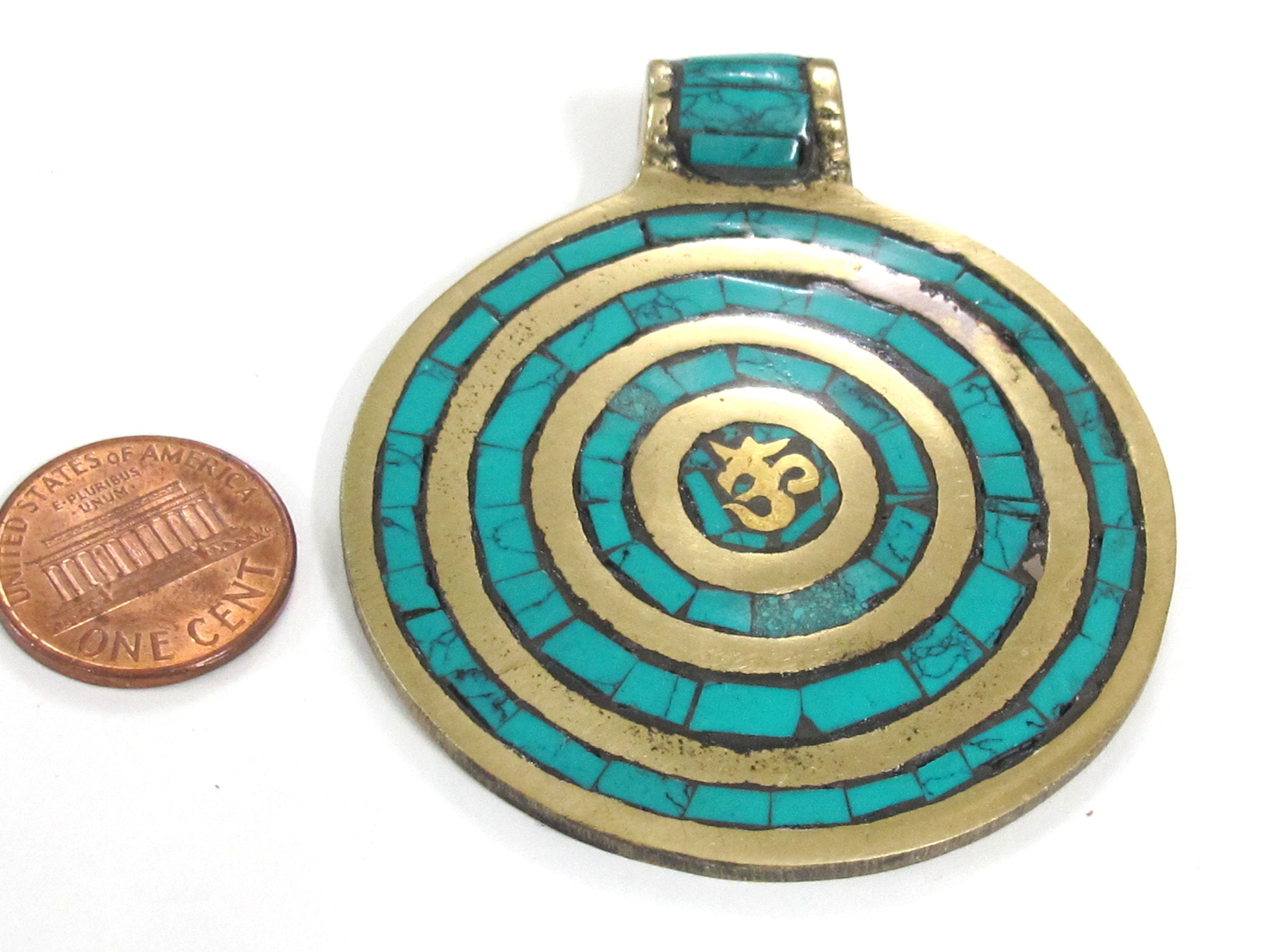 Tibetan Nepal Om mantra brass pendant with circles pattern turquoise inlaid - PM273B
