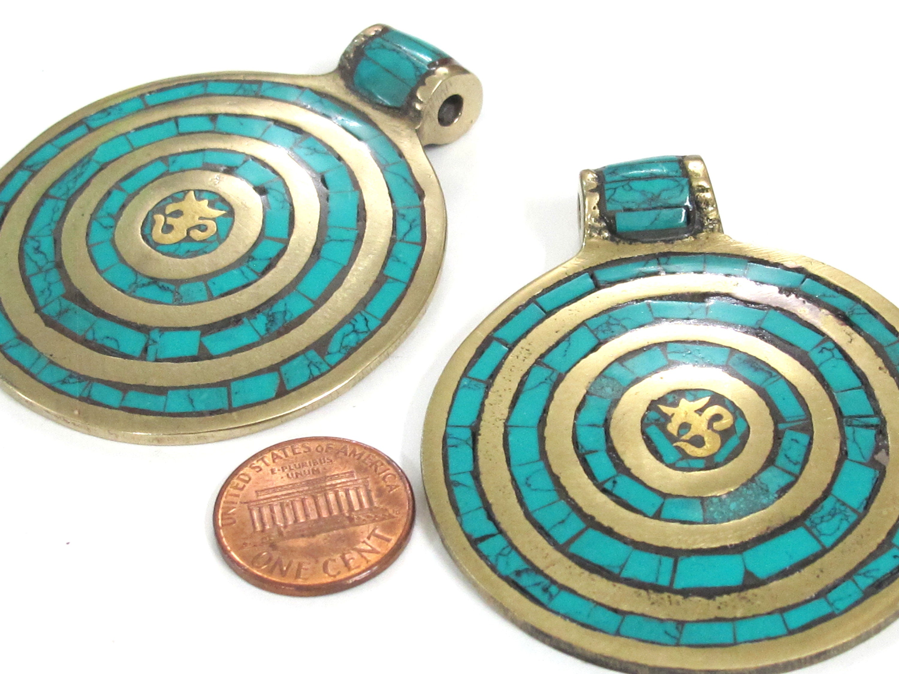 Tibetan Nepal Om mantra brass pendant with circles pattern turquoise inlaid - PM273B