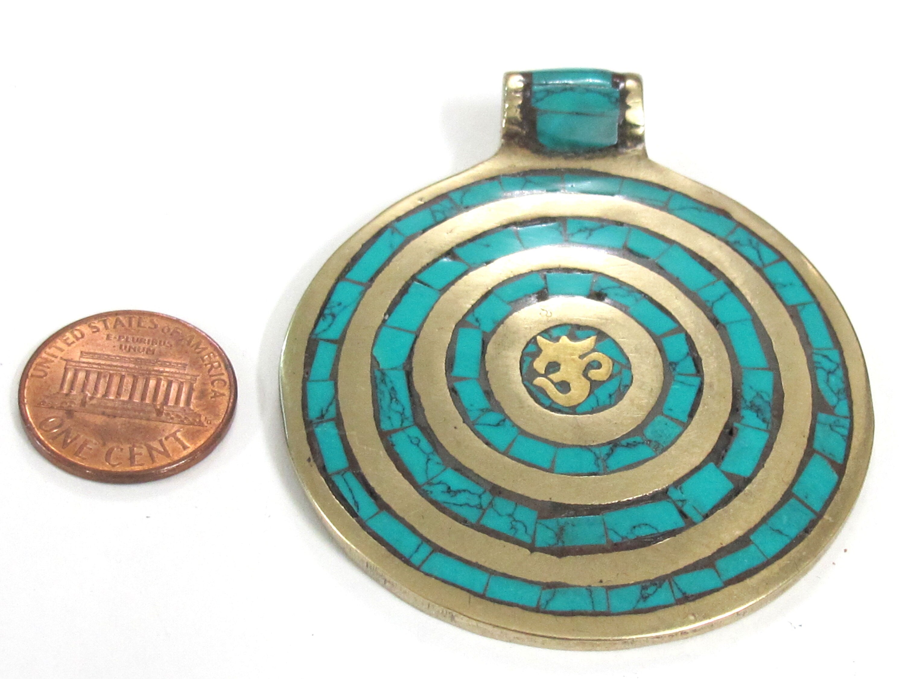 Tibetan Nepal Om mantra brass pendant with circles pattern turquoise inlaid - PM273B