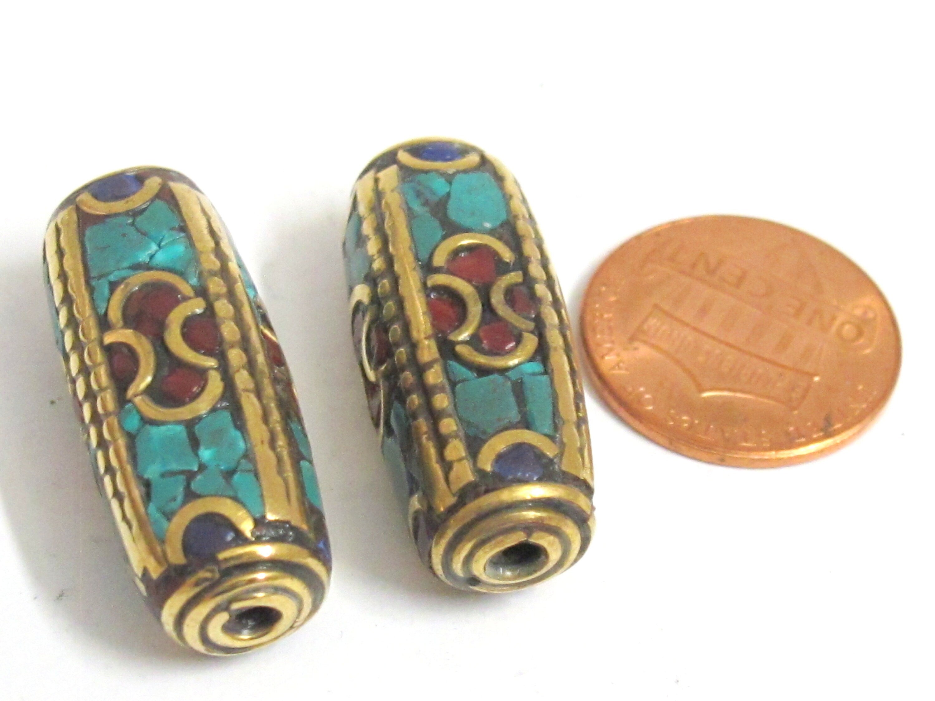 1 bead - Long tubular brass bead turquoise lapis inlaid from Nepal - BD988