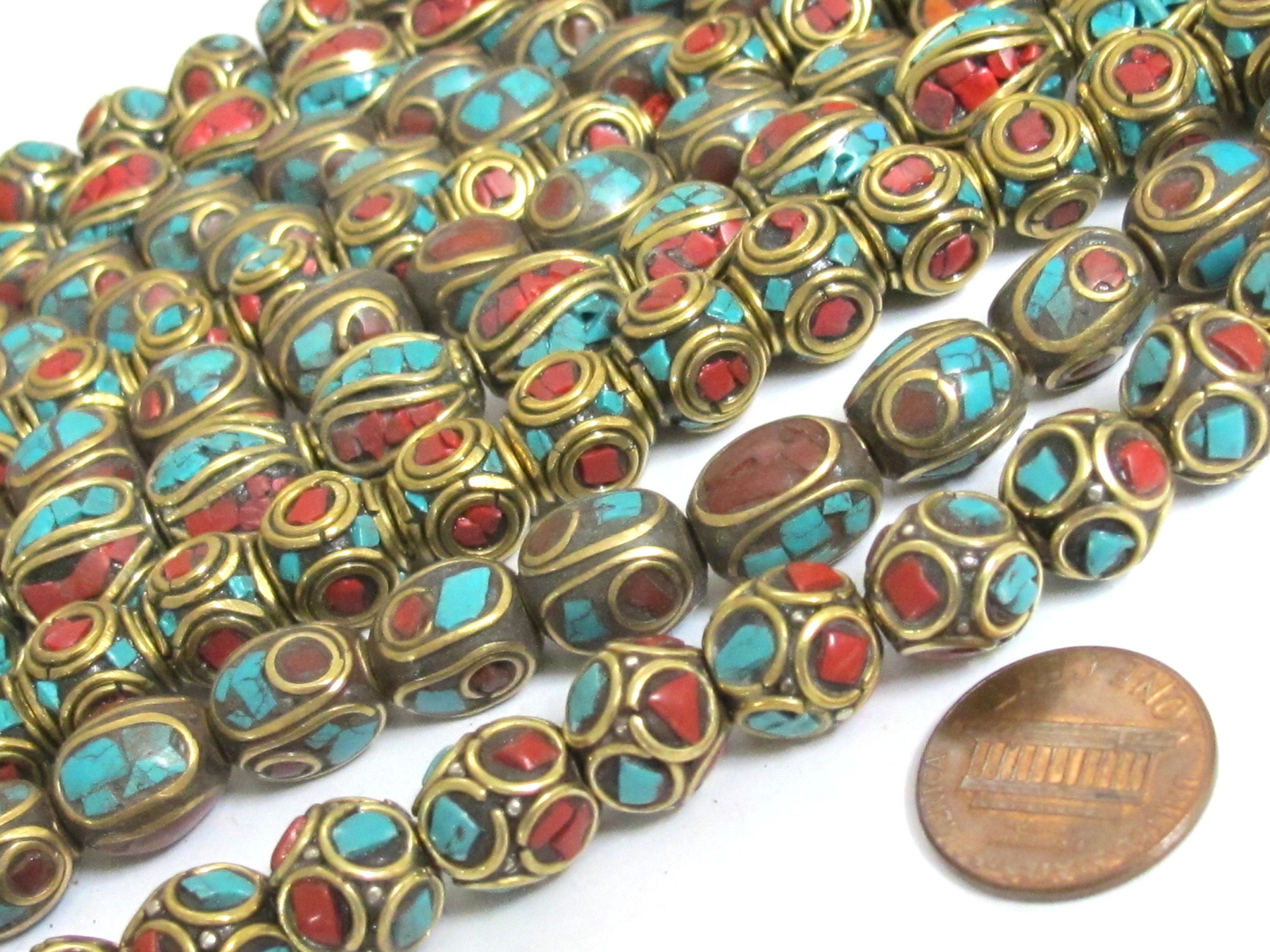 50 Beads - Tibetan beads wholesale bulk lot Mix variety Nepal beads inlaid metal beads turquoise jewelry supply Nepalbeadshop - BD00T1