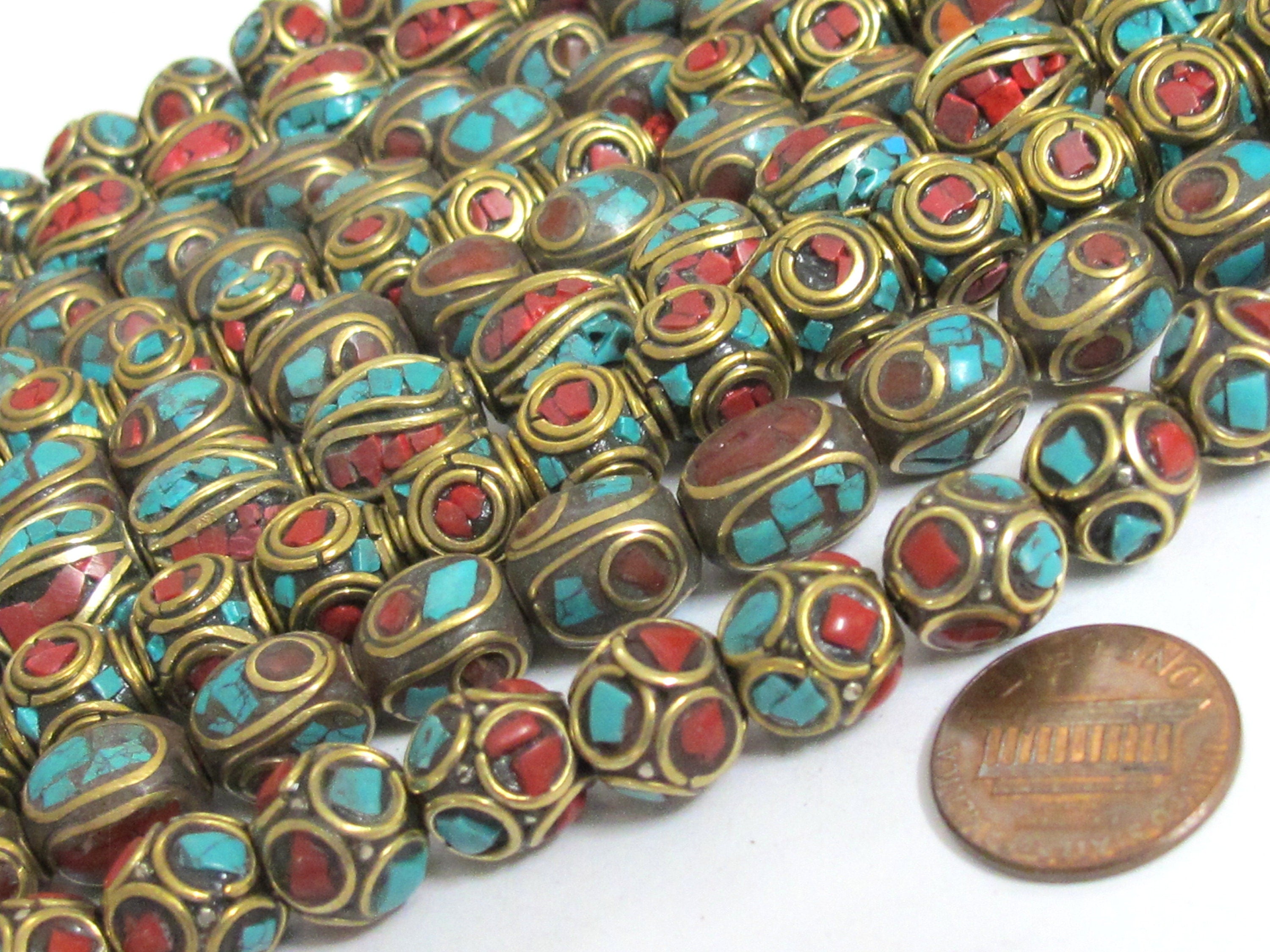 50 Beads - Tibetan beads wholesale bulk lot Mix variety Nepal beads inlaid metal beads turquoise jewelry supply Nepalbeadshop - BD00T1